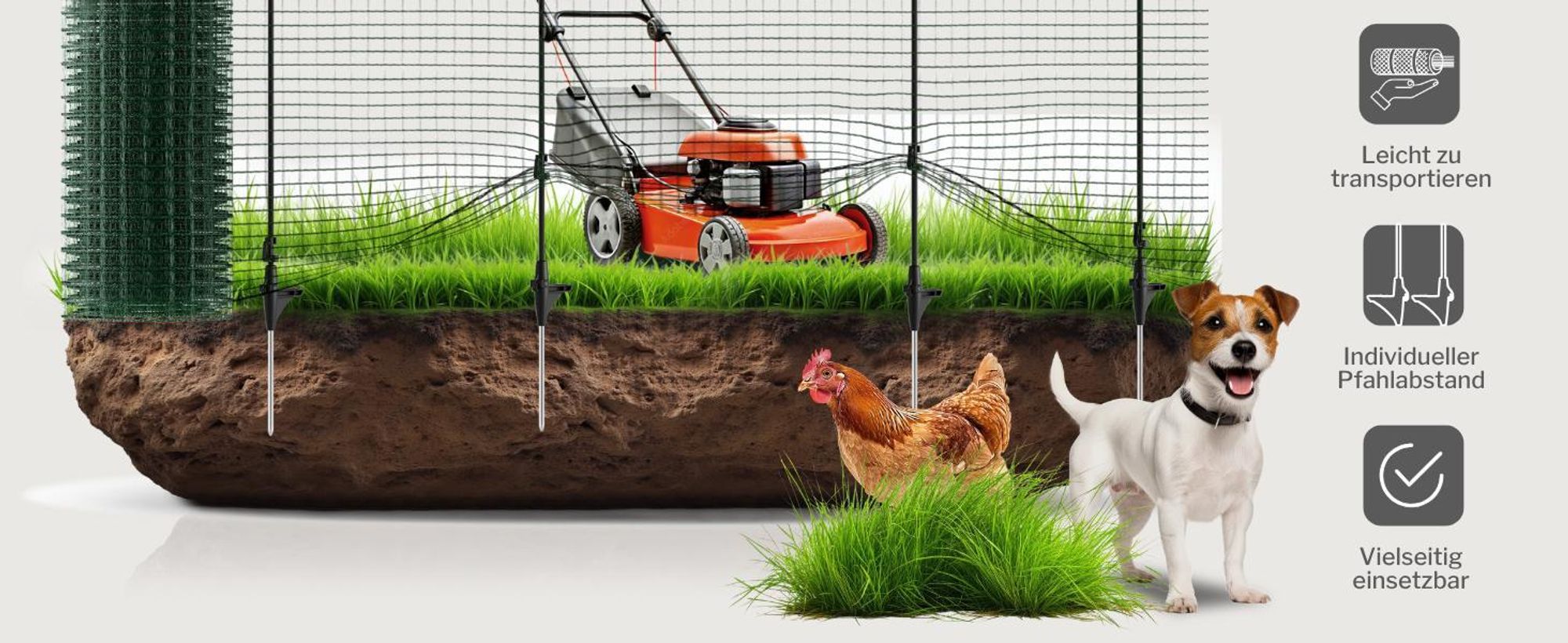 horizont Begrenzungszaun FLEX, 15 m lang & 90 cm hoch, engmaschig, mobiler Spezialzaun mit 9 separaten Pfählen aus Fiberglas, Gartennetz, Hundezaun, Absperrzaun, für Camping