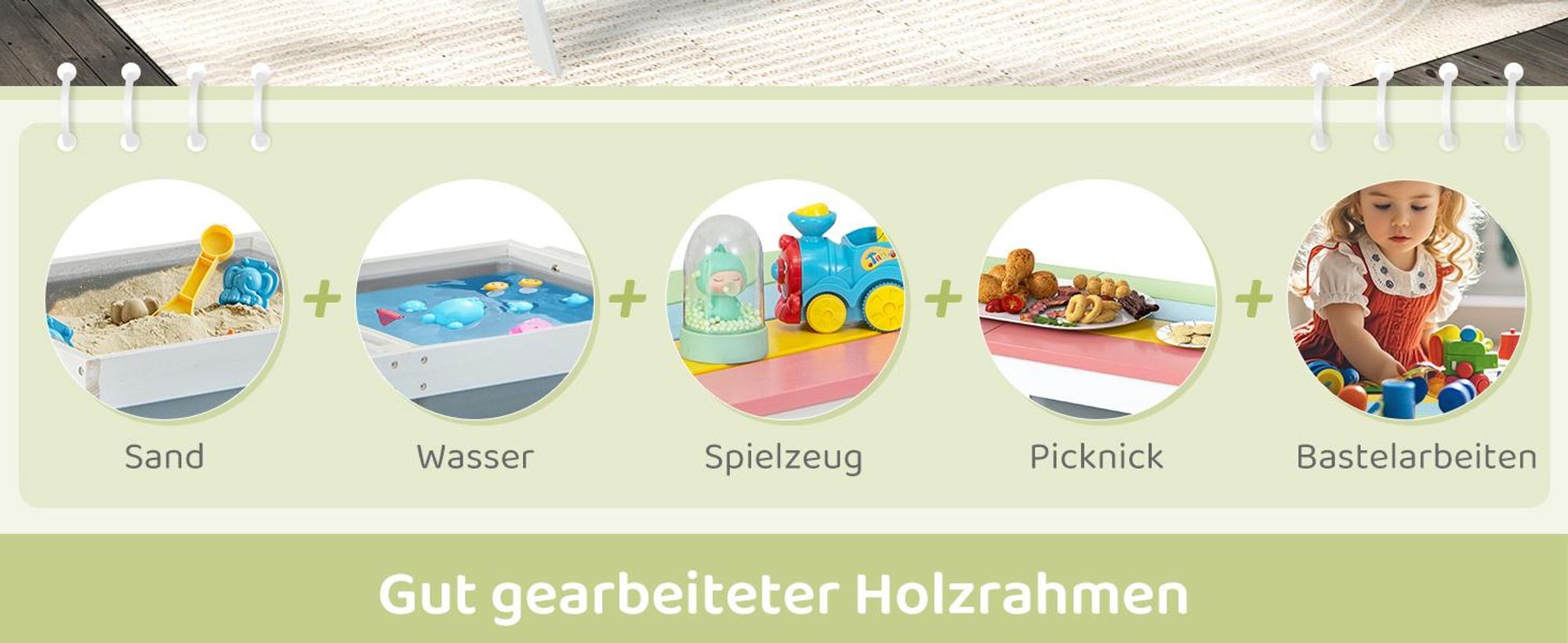 COSTWAY 3 in 1 Kinder Picknicktisch, Gartentisch mit Sonnenschirm & Bänke, Kindersitzgruppe aus Holz mit Tischplatte & 2 Spielboxen, Weiß+Blau