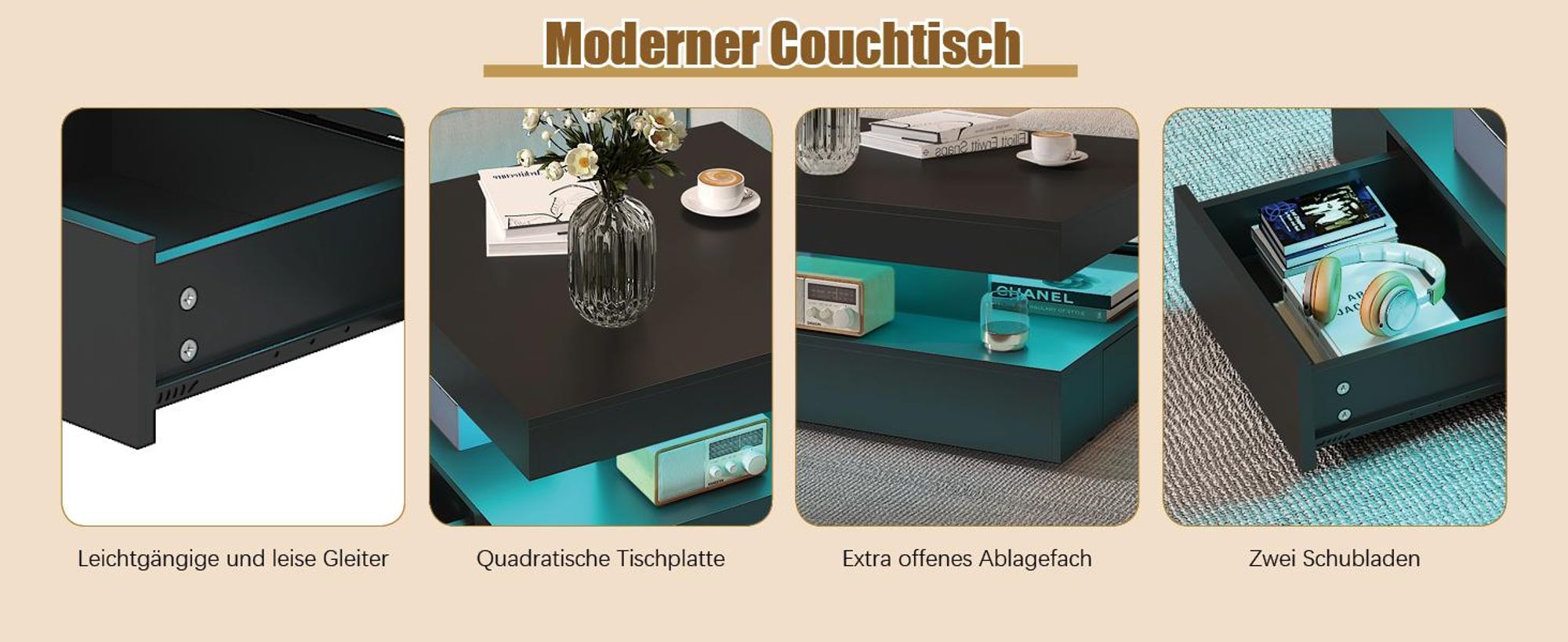 Radelldar Wohnzimmertisch mit 2 Schubladen, mit LED und Verstecktem Stauraum, matt 78x78x40cm, Schwarz