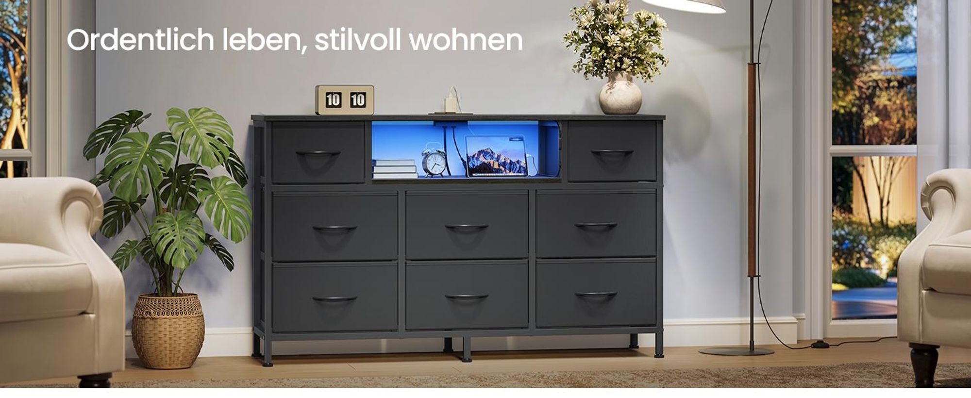 SONGMICS Kommode mit 8 Stoffschubladen, TV-Schrank mit LED und Steckdosen, 113,8 x 30 x 68,1 cm, Schwarz