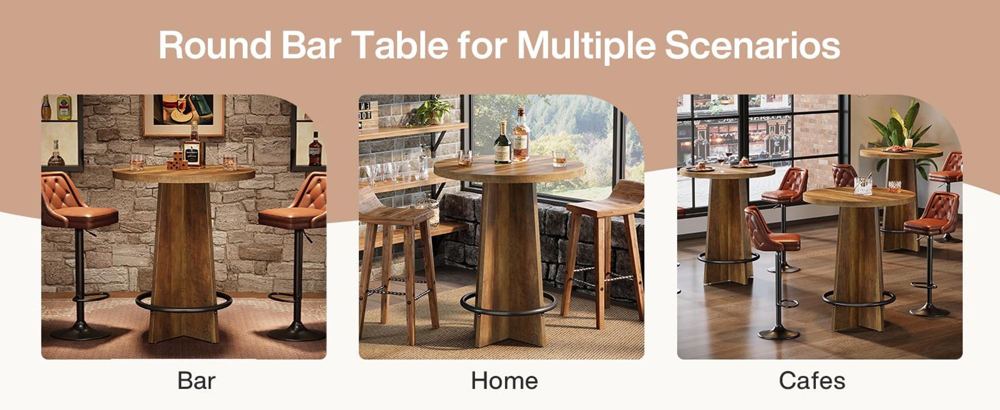 Tribesigns Runder Bartisch, 95 cm hoher Bistro-Stehtisch aus Holz mit Untergestell und Metallring-Fußstütze für Cafés, Zuhause, braun (nur Tisch)