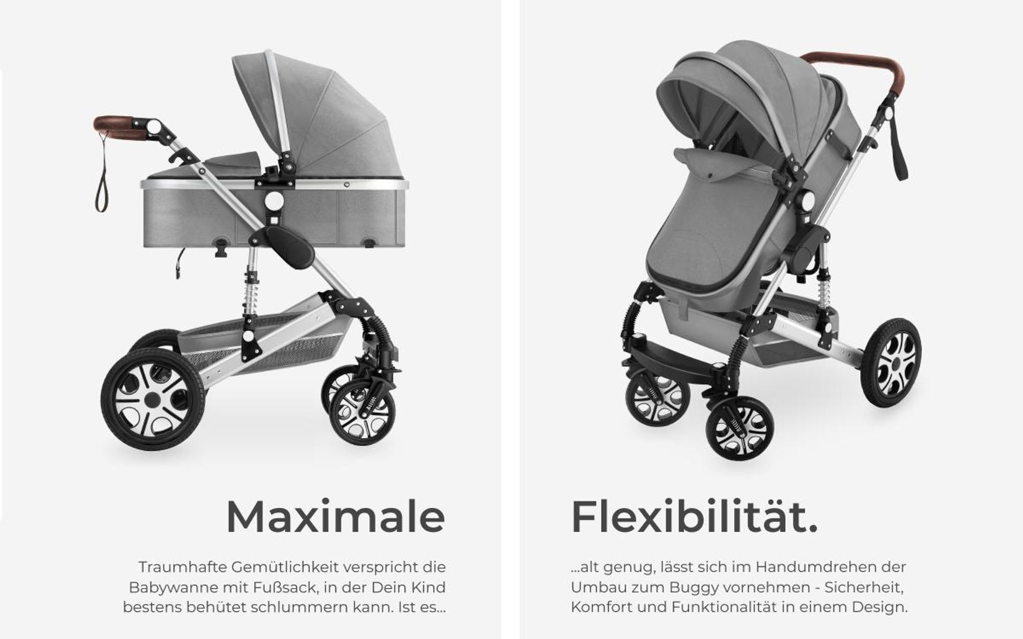 tectake® Kombi-Kinderwagen Mats 2 in 1, klappbar, mit 5-Punkt-Gurt, Bremse, Schutzbügel und Handschlaufe für 0 bis 36 Monate geeignet, Belastbarkeit 15 kg