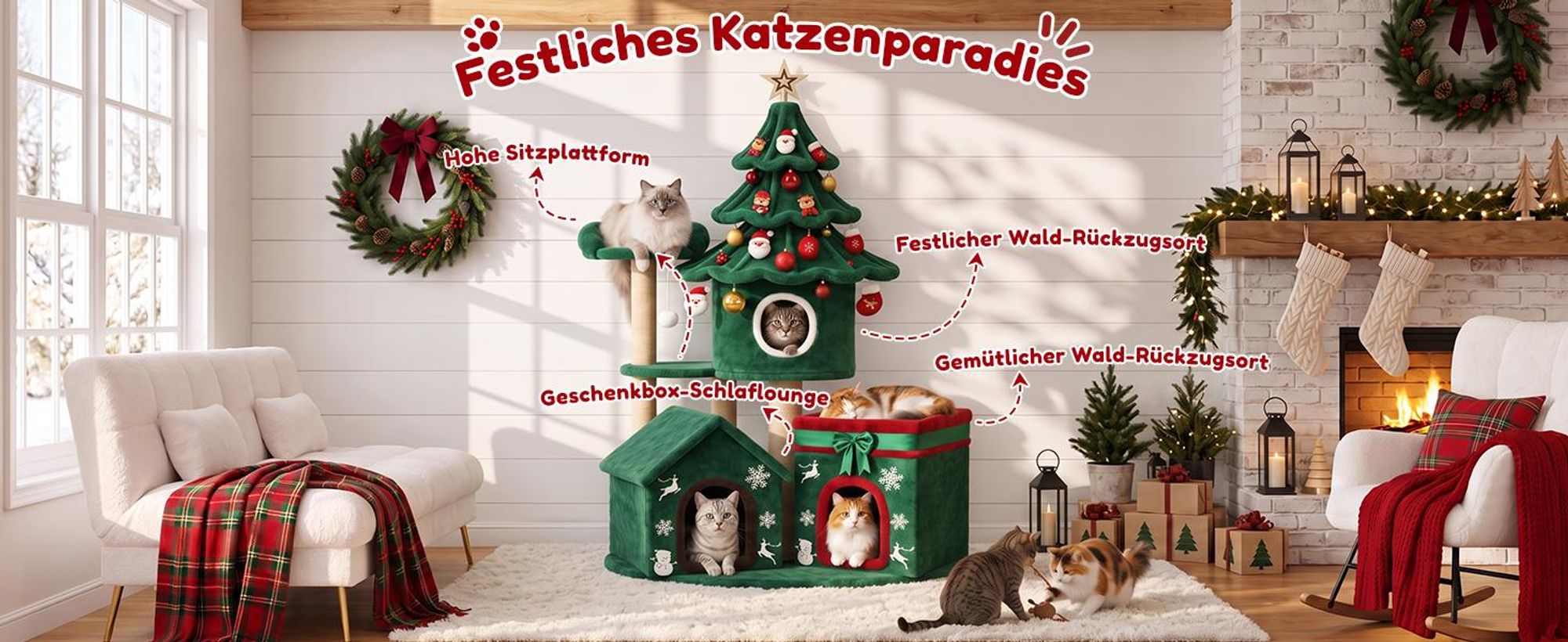 COMHOMA Kratzbaum 155cm, großer Katzenbaum, Multi-Level mit Kratzsäulen, mehrstöckiger Katzenturm, Aktivitätskratzbäum mit Katzenspielzeug, Weihnachts