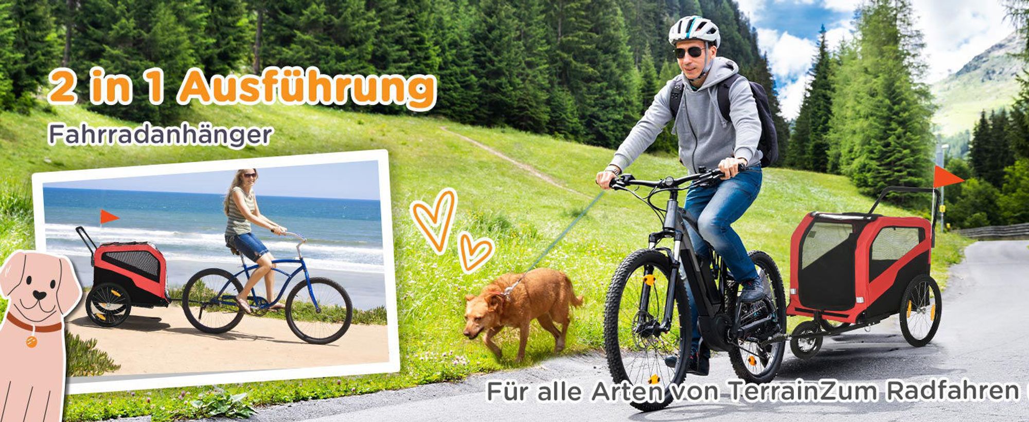 PawHut 2-in-1 Hundeanhänger Fahrradanhänger Hundewagen mit Reflektoren, Rot