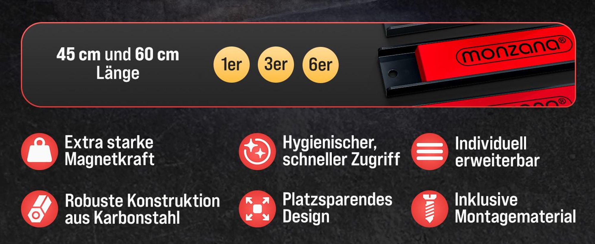 DEUBA® 3x Magnetleiste 60cm 23kg Tragkraft Magnetisch Werkzeugleiste Werkzeughalter Werkzeugwand Werkstatt Werkzeug Organizer inkl. Montagematerial