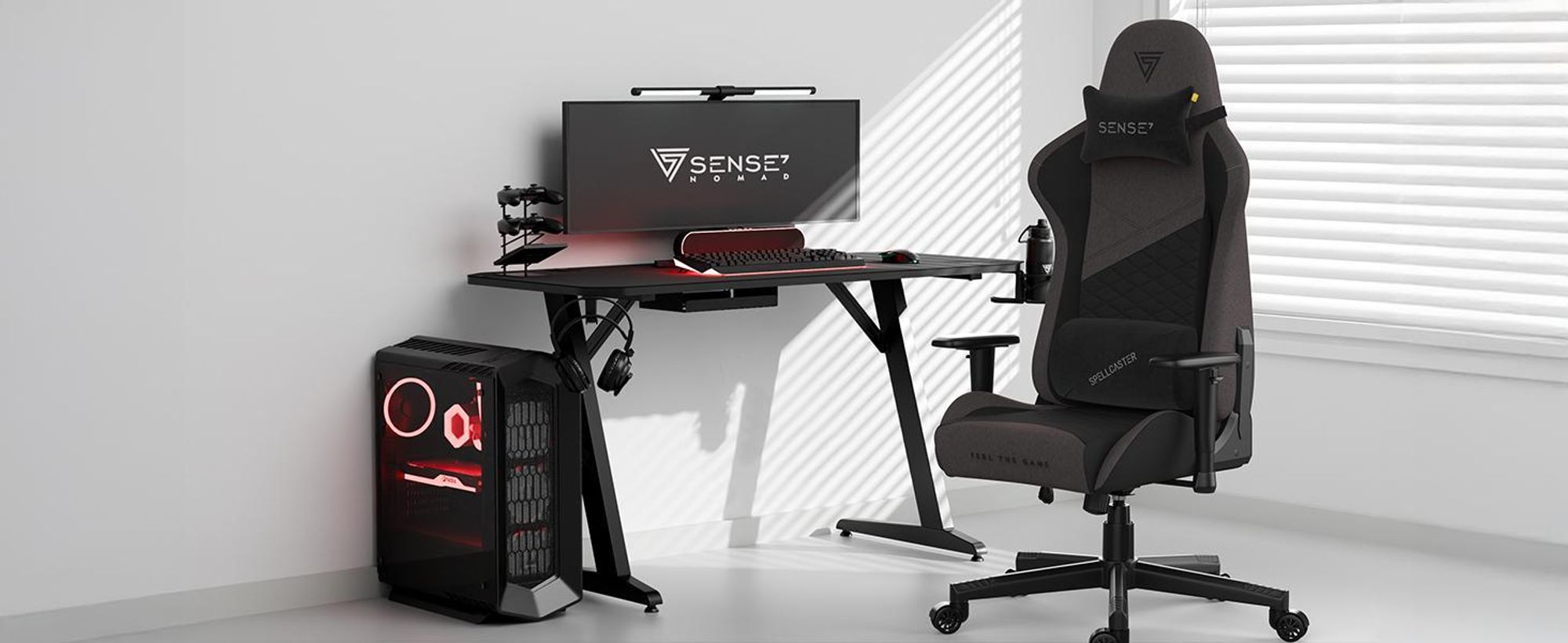 SENSE7 Spellcaster SENSHI Gaming Stuhl Stoff Grau-Schwarz - Ergonomischer Bürostuhl Schreibtischstuhl Zockerstuhl 150kg 2D-Armlehnen Chefsessel