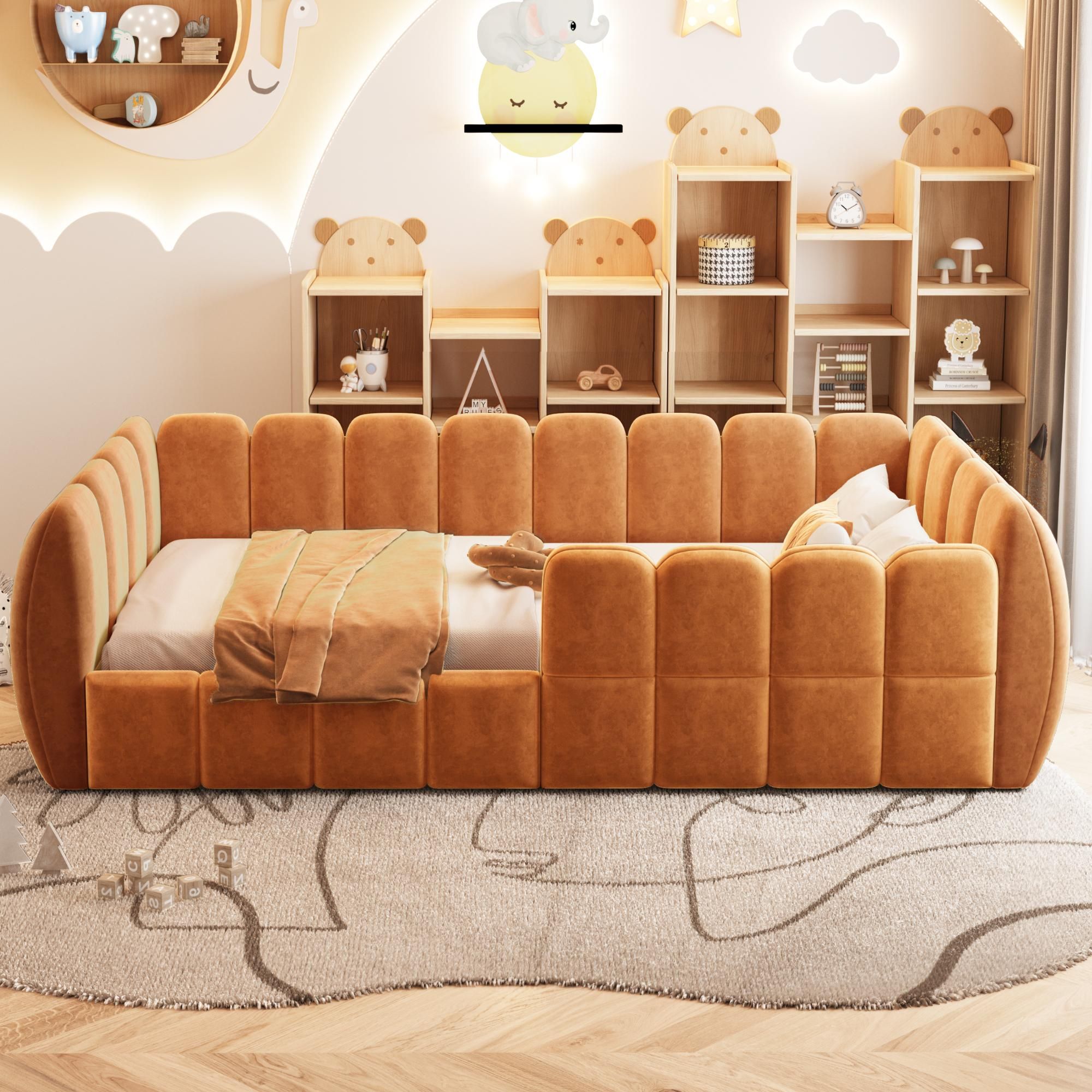 Merax Gepolstertes Kinderbett Bodenbett 90x200cm, Samtbett mit geschlossenem Design und abgerundeten Ecken, Montessori Bett für Jugendliche, Orange