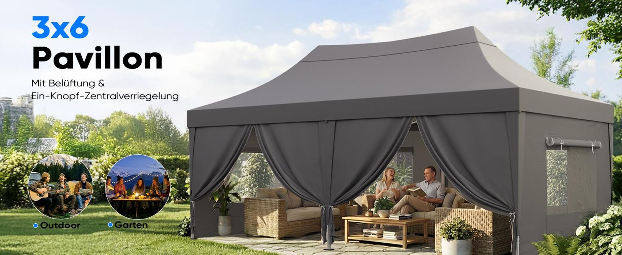 Quictent Pavillon 3x6m Faltpavillon Wasserdicht Stabil mit 6 Seitenteilen Partyzelt Pop Up Camping Pavillon Gartenzelt Gartenpavillon für Garten,Party