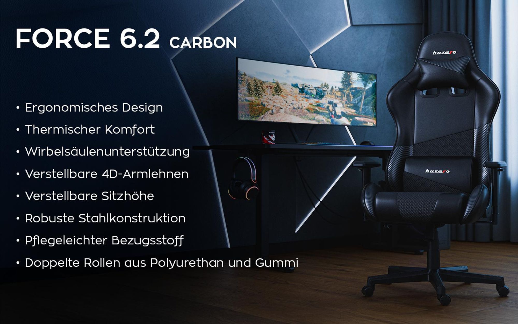 Huzaro Force 6.2 | Gaming Stuhl Bürostuhl Schreibtischstuhl Gamer Stoff | bis 130 kg belastbar | Höhenverstellbar Kopfstütze Lendenstütze | Schwarz