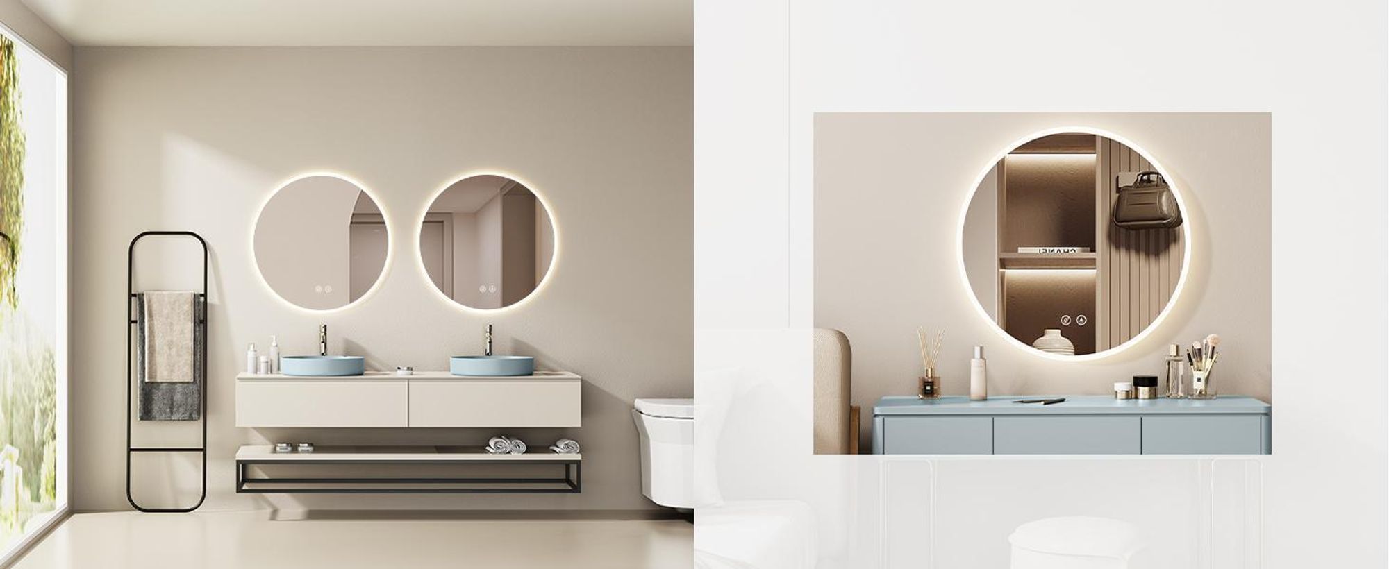 HOKO Miroir de salle de bain LED anti-buée rond 80cm+LED alternance blanc chaud/blanc froid/neutre 2700-6500K. Lumière allumable par interrupteur tactile/interrupteur mural. Fribourg