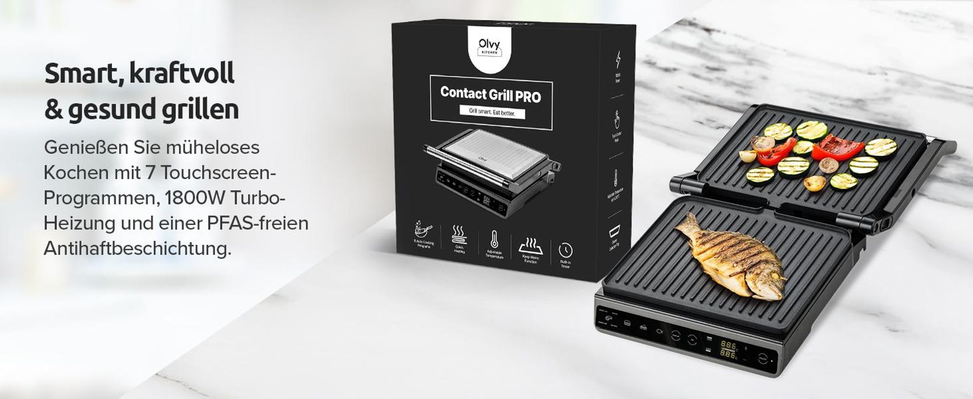 Olvy Kontaktgrill, 1800W, Elektrogrill Sandwichmaker, 7 Programme, Paninimaker, Grilltoaster indoor Grill, PFAS-freie Platten, Tisch Grill