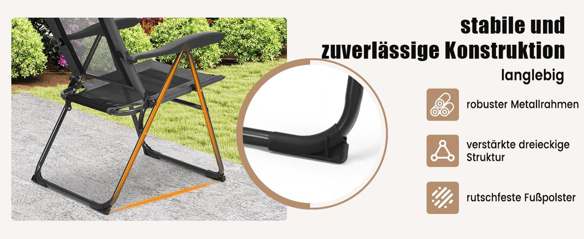 COSTWAY 2er Set Gartenstühle, Klappstühle mit Kopfstütze, klappbarer Outdoor-Stühle mit 7-Fach Verstellbarer Rückenlehne, Hochlehne, atmungsaktiv, für Garten, Terrasse, Hinterhof (Grau)