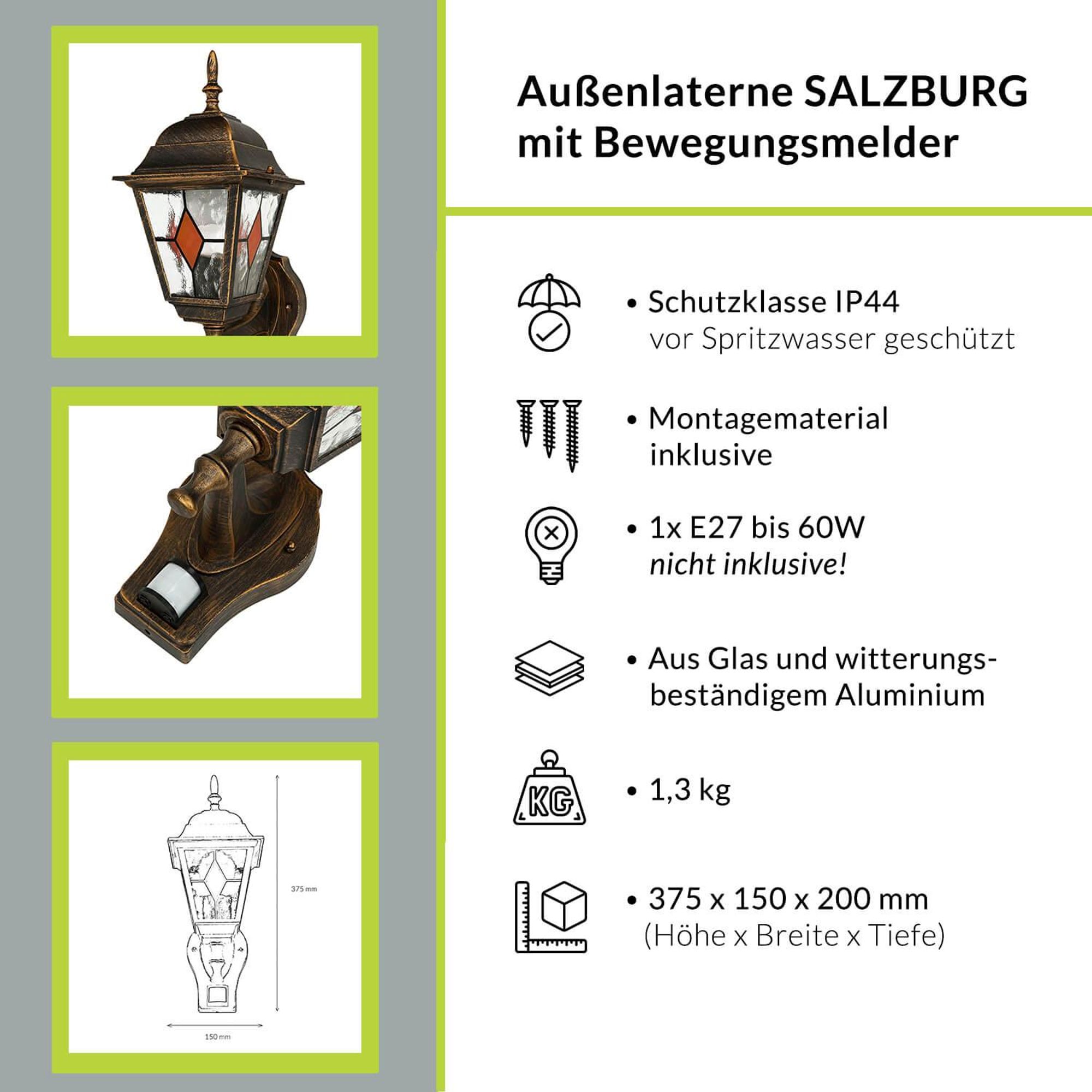 Highlights der SALZBURG Wandleuchte mit Sensor für außen