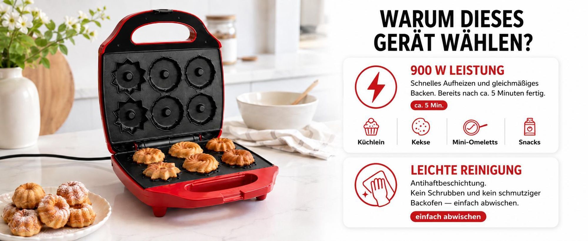 Kalorik Guglhupfbäcker Traditionsformen, 3 Formen für leckere Törtchen, 900 W, Rot, TKG CKM 1007 RD