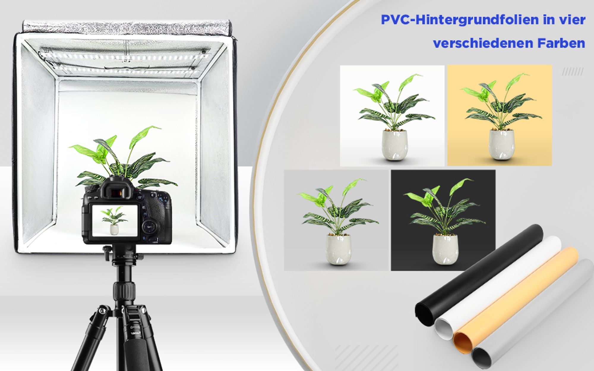Yorbay Fotostudio Set 60 x 60 x 60cm LED-Fotobox Lichtbox Lichtwürfel Fotografie Lichtzelt inkl. 4 PVC-Hintergrundfolien (schwarz, rein weiß, warm-weiß, orange) Mehrweg