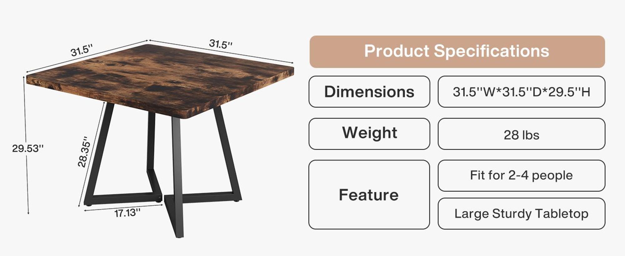 Tribesigns Esstisch, für 2-4 Personen, 80 cm Industrie-Esstisch mit Metallgestell, Küchentisch für Esszimmer, Wohnungen, rustikales Braun & Schwarz