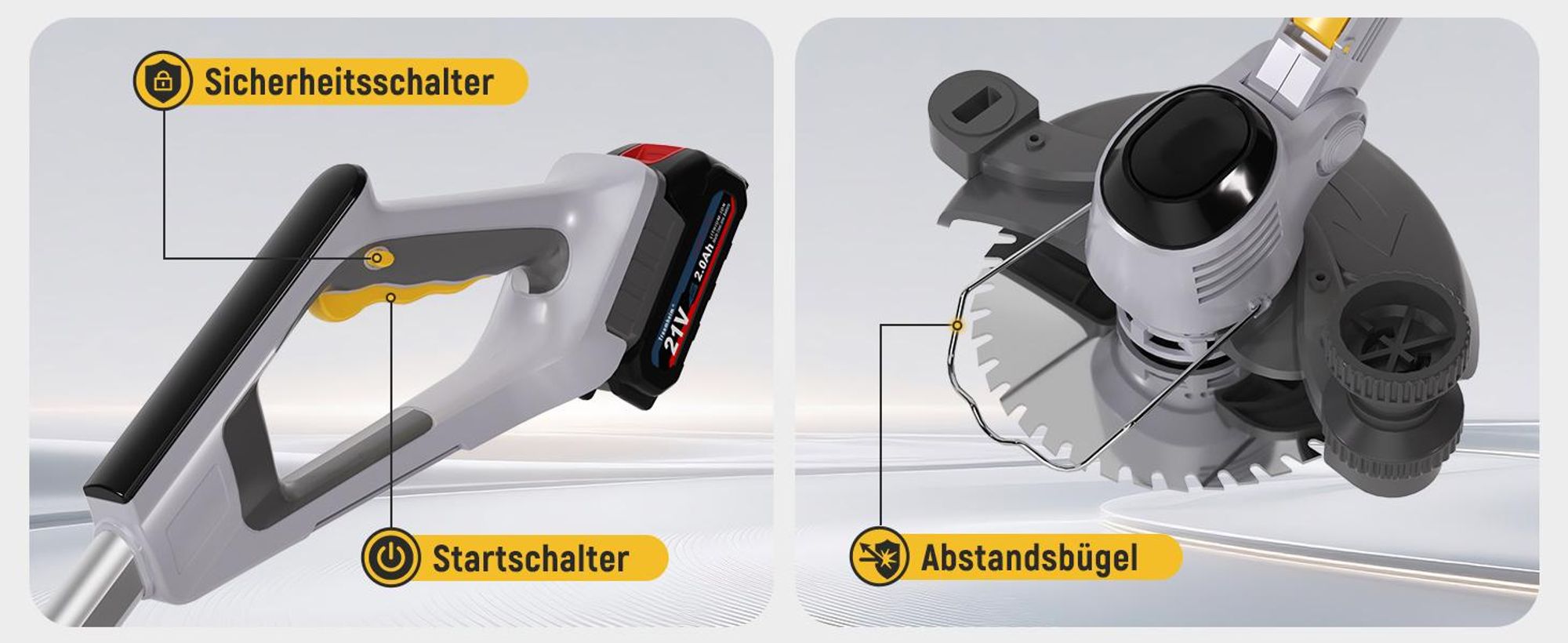 Traumheim Akku Rasentrimmer 21V, 3-in-1 Freischneider, 2x 2,0Ah Akku mit Ladegerät, Teleskopstiel, Kantenschneider, 3 Messerarten,für Garten und Rasen