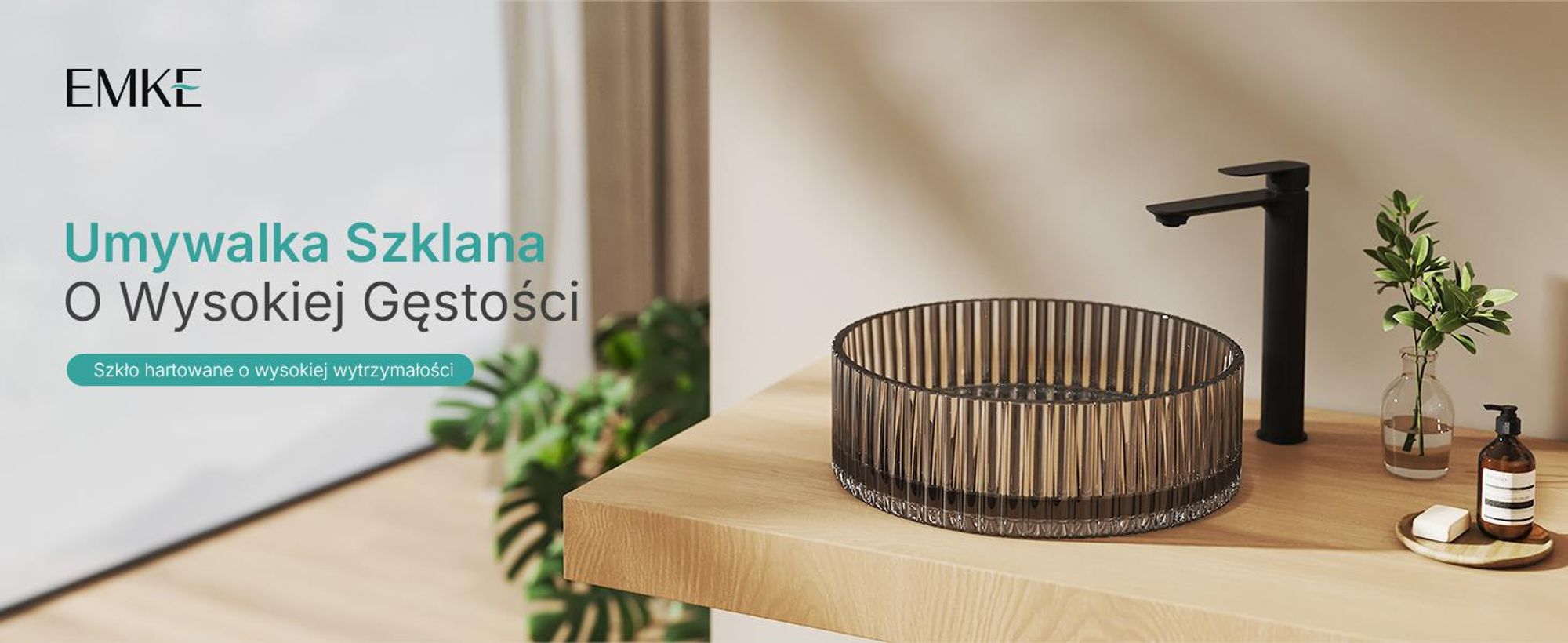 Umywalka nablatowa EMKE okrągła 400x400x120mm z hartowanego szkła kryształowego matowa czarna galwanizowana, bez otworu na baterię i przelewu, nowoczesny design