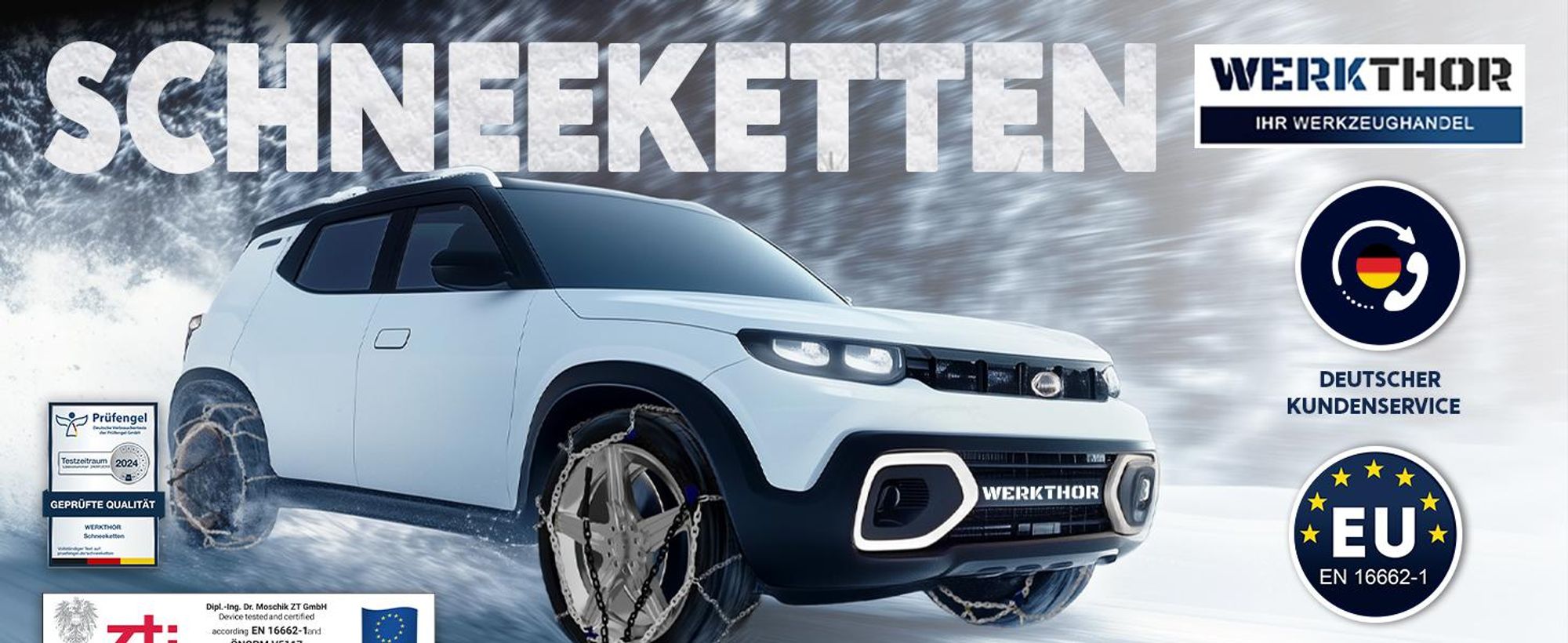 WERKTHOR Schneeketten 2x – Zugelassene Metall Schneeketten für PKW, optimaler Grip, schnelle Montage & passend für diverse Reifengrößen