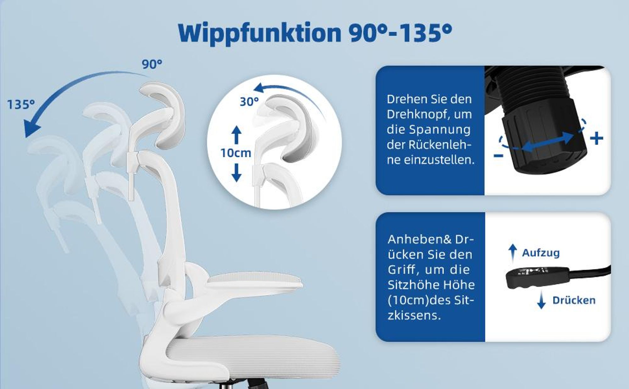 Adormii Bürostuhl,Bürostuhl Ergonomisch,Schreibtischstuhl mit Umklappbare Armlehnen Lordosenstütze,Drehstuhl,Bürostühle Wippfunktion,Bürostuhl 150kg