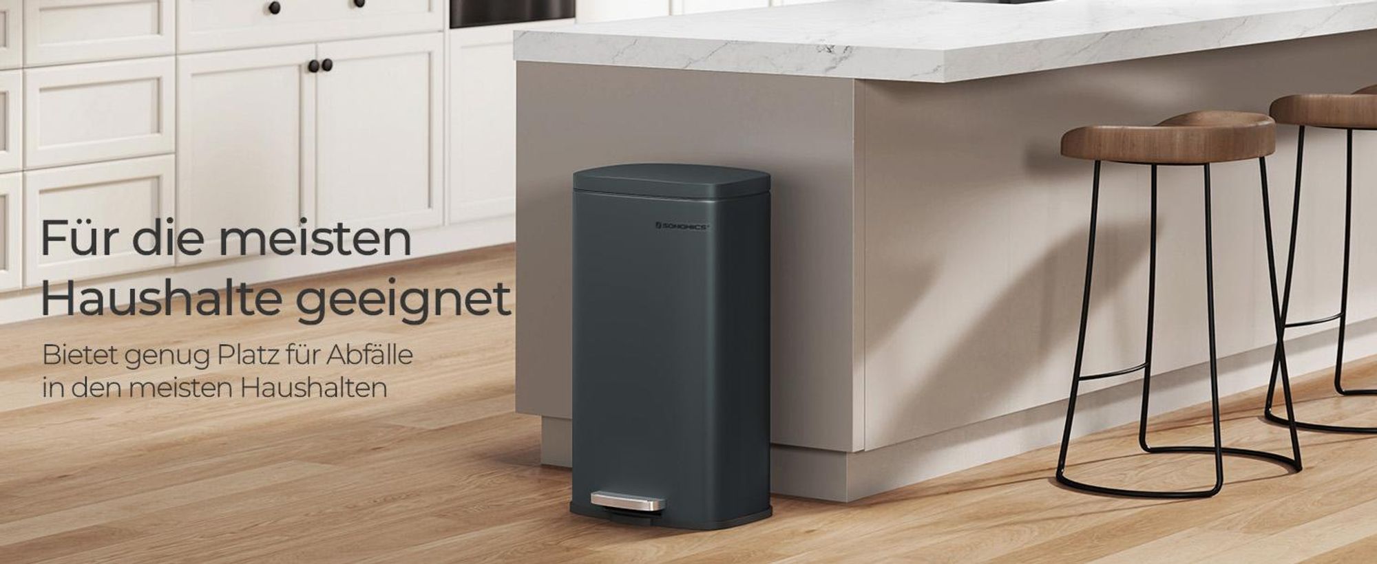 SONGMICS 30L Abfalleimer Mülleimer Treteimer aus Stahl Recycling Abfallbehälter Küche Papierkorb 63cm Rauchgrau LTB03GS