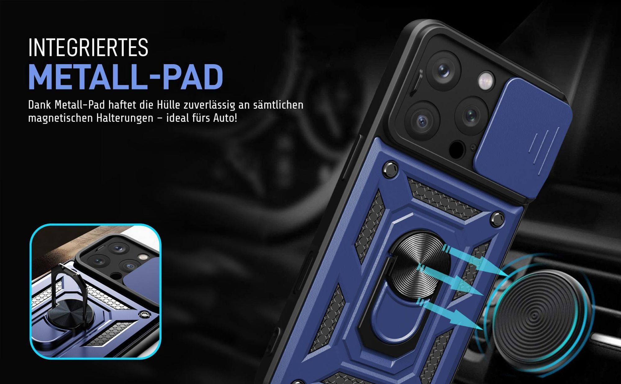Bumper für Apple iPhone 16 Pro in Blau mit Metallplatte