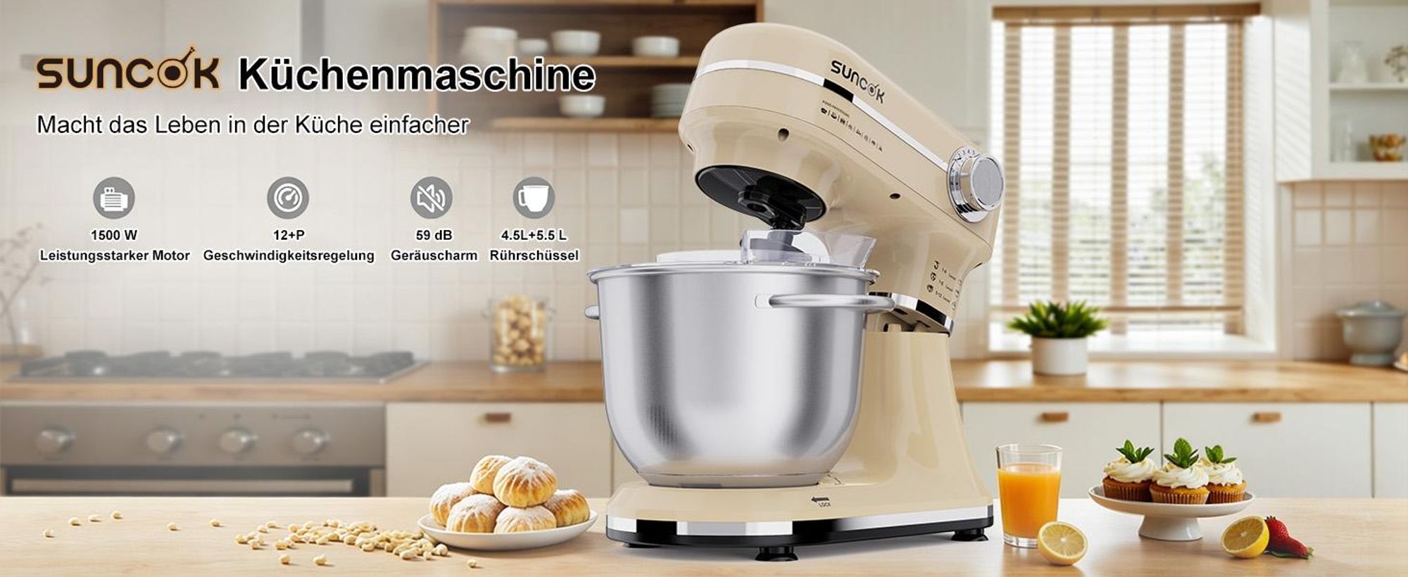 SUNCOK Multifunktions Küchenmaschine,1500W, 2 Edelstahl-Rührschüssel 4.5L+5.5L, 12 Geschwindigkeiten, mit Rührhaken,Knethaken,Schneebesen,Spritzschutz