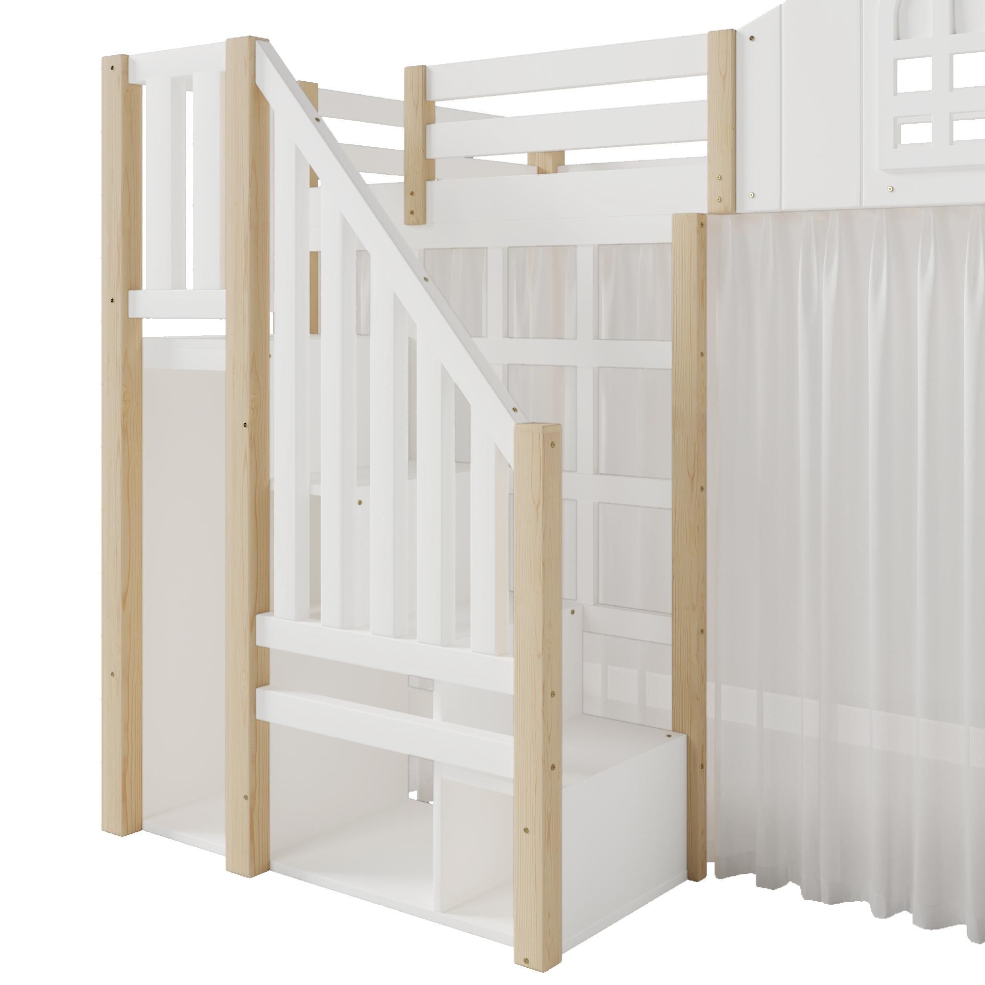 Flieks Etagenbett 90x200cm mit Led, Kinderbett Hausbett mit Bettvorhang, Hochbett Einzelbett mit Lattenrost und Rausfallschutz, Naturbelassen