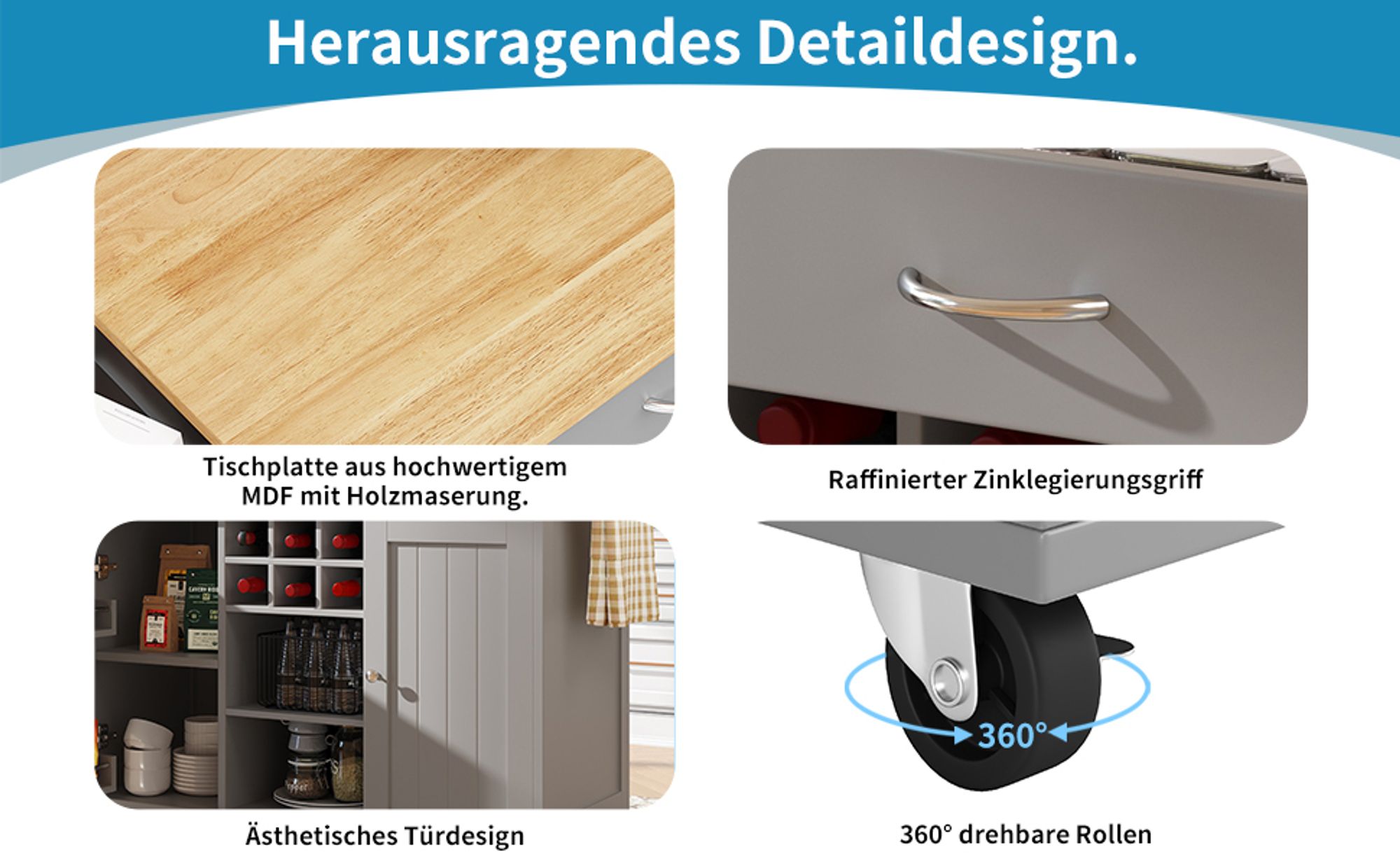 Flieks Servierwagen mit Weinkühler, Moderne Kücheninsel, Küchentrolley Küchenschrank, Speisewagen mit Schubladen und Handtuchhalter, Grau