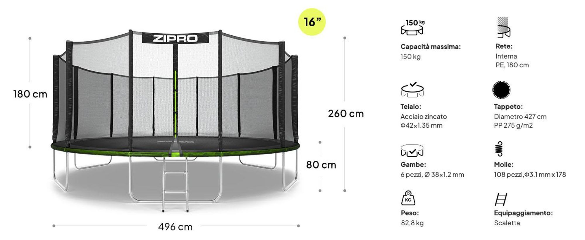ZIPRO Trampolino Jump Pro Out | 16FT Ø 496 cm | Trampolino da giardino Trampolino per bambini Set completo incl. rete esterna, scaletta e copertura perimetrale, per esterni, verde