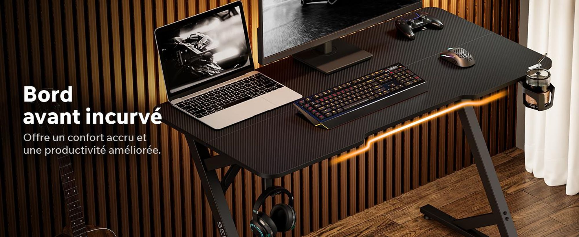 Bureau de jeu Sense7 VAMO, 100x50 cm, noir. Bureau d'ordinateur compact, style carbone, en forme de Z, avec porte-boissons. Idéal pour le gaming, le télétravail et le bureau à domicile