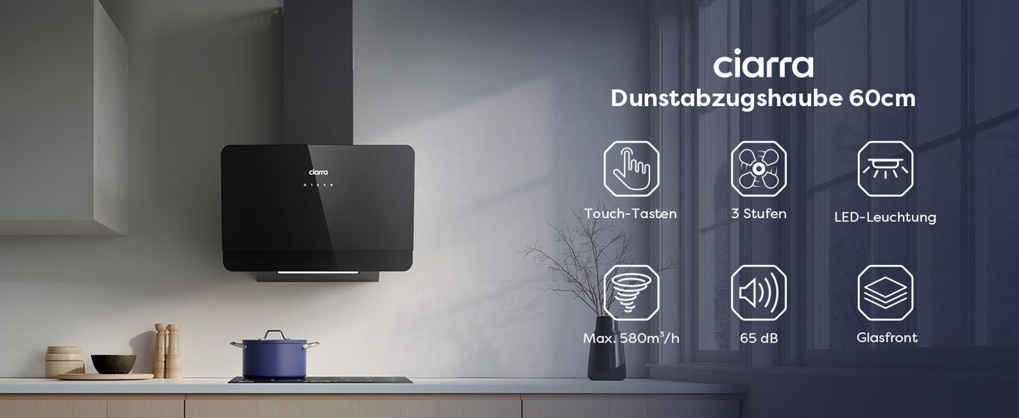 CIARRA Kopffreihaube A+ 580 m³/h Dunstabzugshaube 60cm Kopffreie Schräghaube Abzugshaube VM6765CB