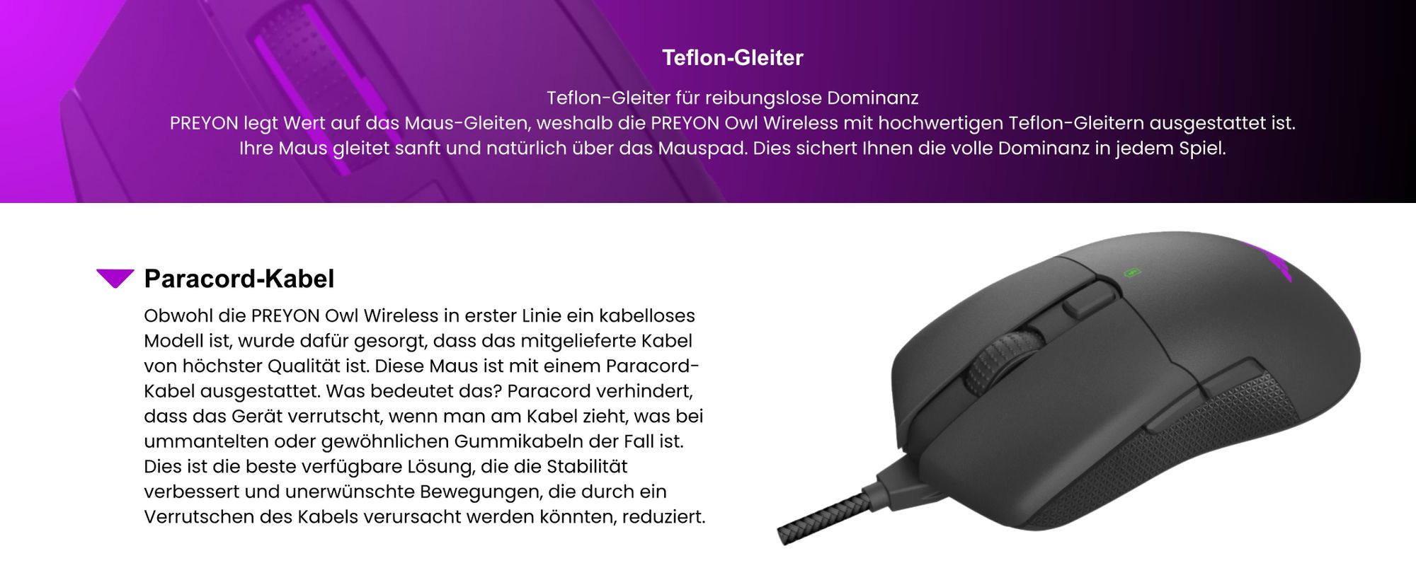 PREYON Owl Wireless Spielmaus Robuste Gaming-Maus - Zwei Verbindungsmodi - Kabellos und Kabelgebunden - Sensoren Pixart PAW 3335 - Schwindelerregende 16000 DPI - Omron 50M Schalter - RGB-Beleuchtung