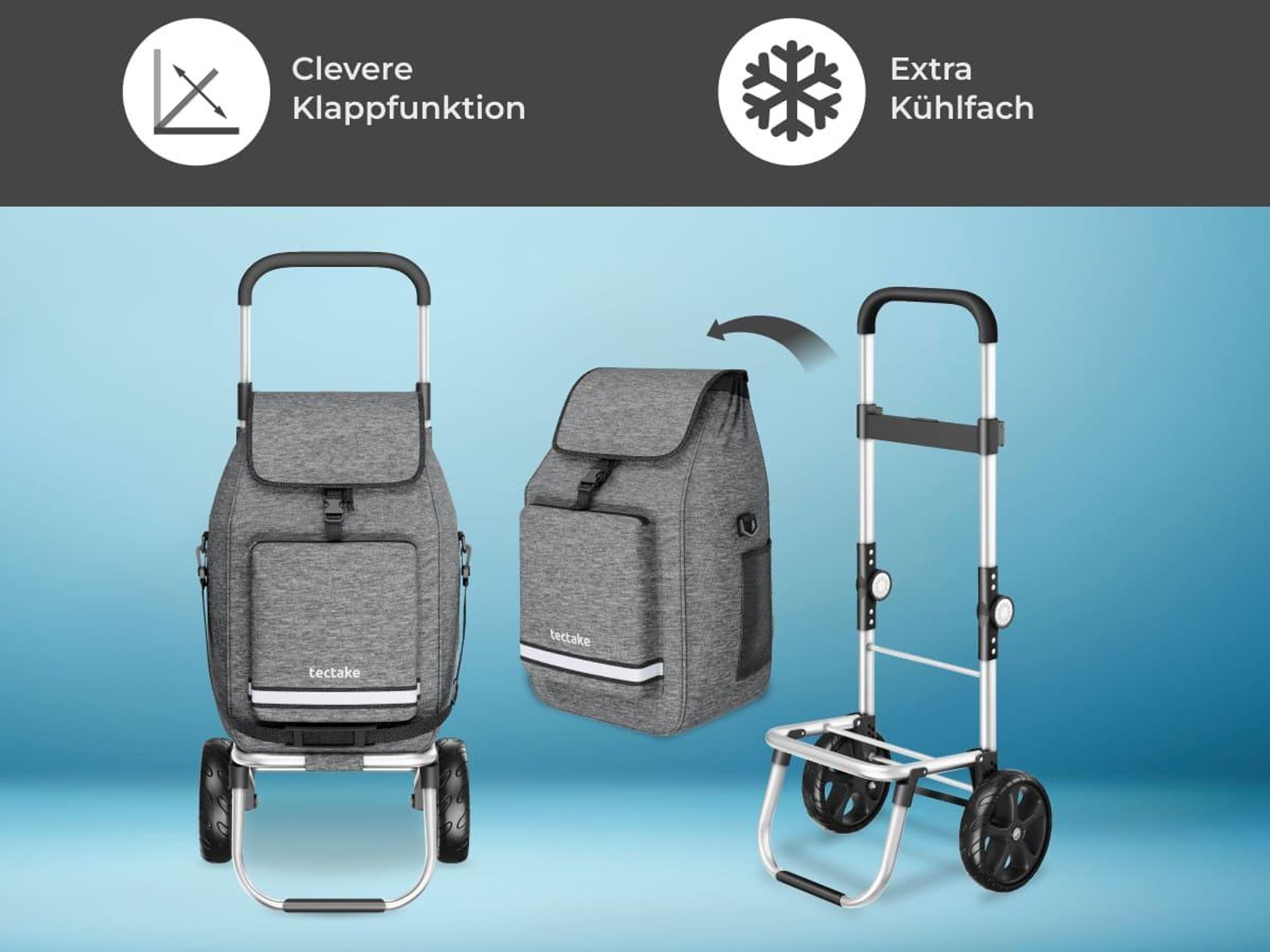 tectake Einkaufstrolley 3-in-1 klappbar mit Kühltasche 56L 30kg Aluminium Shopper Trolley Umhängetasche Sackkarre höhenverstellbar