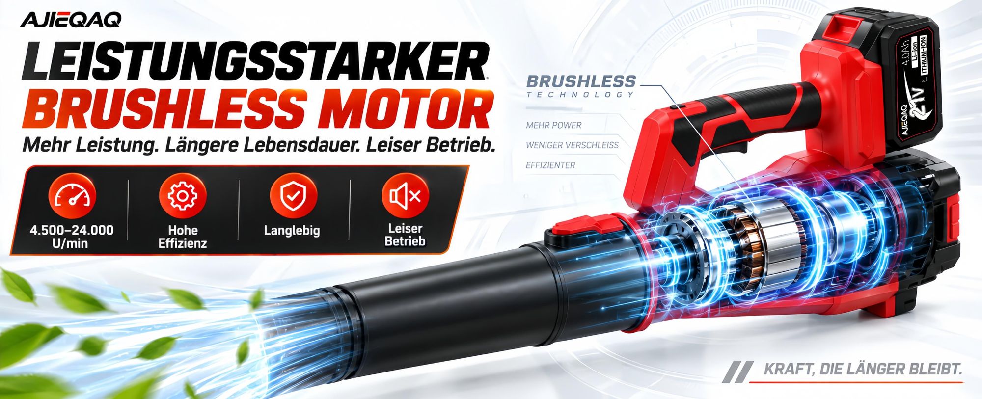 Akku-Laubbläser 21V Brushless, 2×4,0Ah Akkus, 320 km/h, 6 Stufen mit Turbo, 1000W, kabelloser Laubbläser mit 2 Rohren