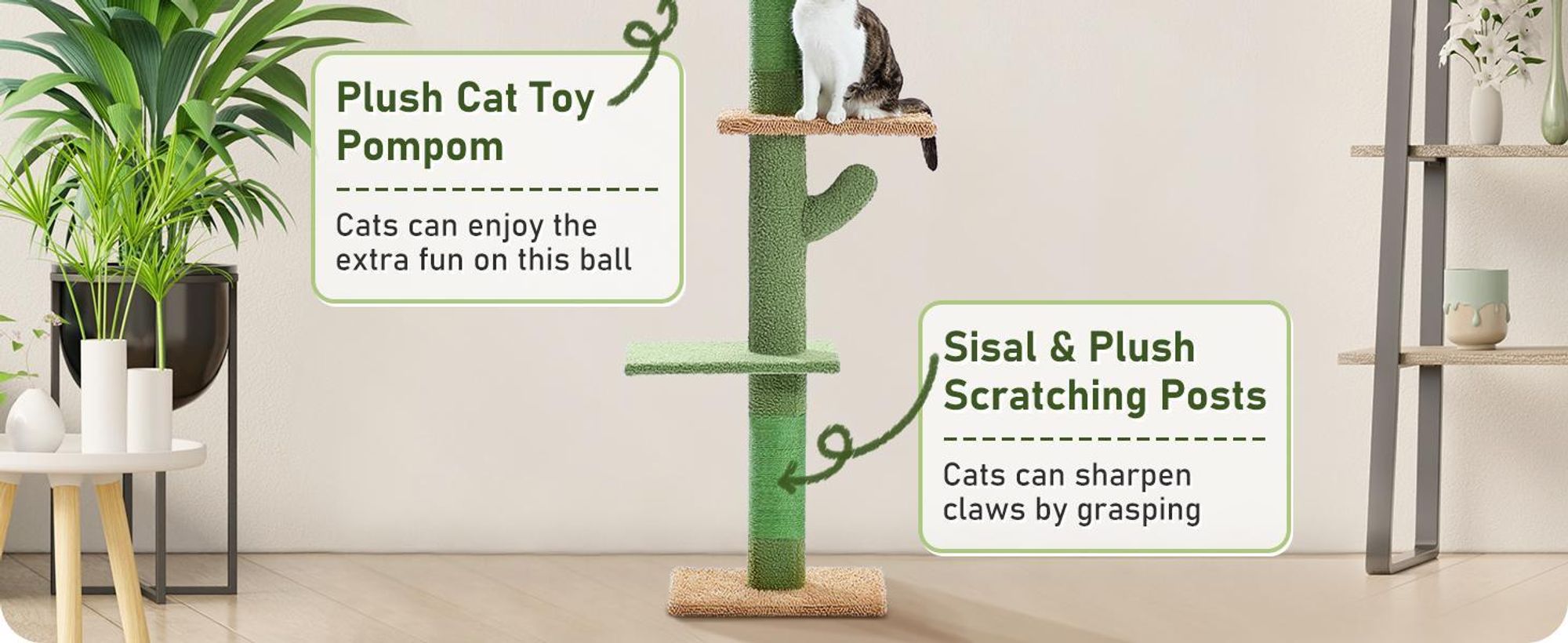 PAWZ Road Kaktus Kratzbaum deckenhoch 229cm - 275cm cm höhenverstellbarer,Katzenkratzbaum mit 4 Ebenen-Katzenbaum Deckenspanner-Katzenmöbel mit Sisal