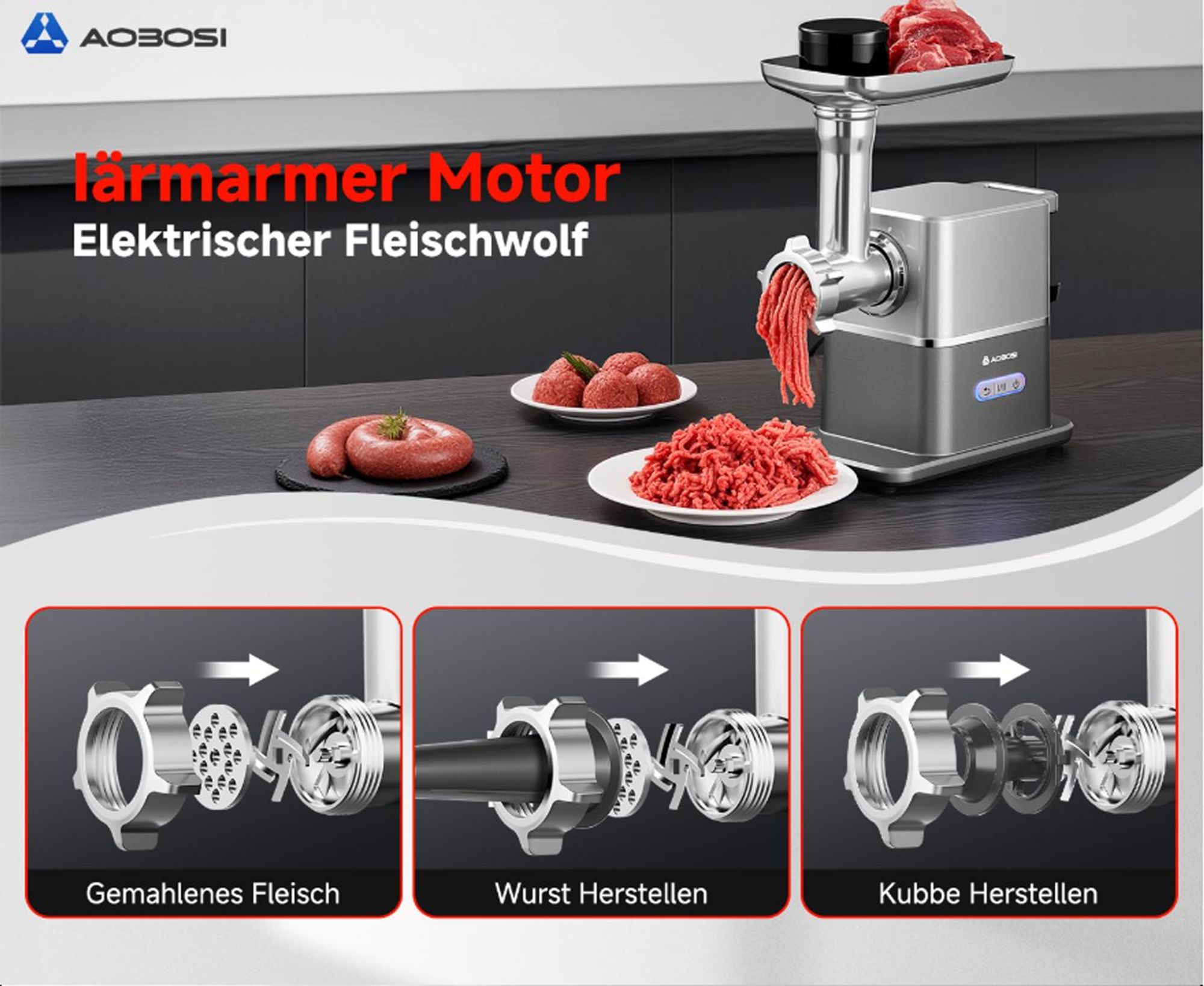 AOBOSI Elektrischer Fleischwolf 3000W Max, Leiser DC-Motor 60dB, 3 Geschwindigkeiten, 3 Edelstahlscheiben, Wurst- & Kibbe-Zubehör