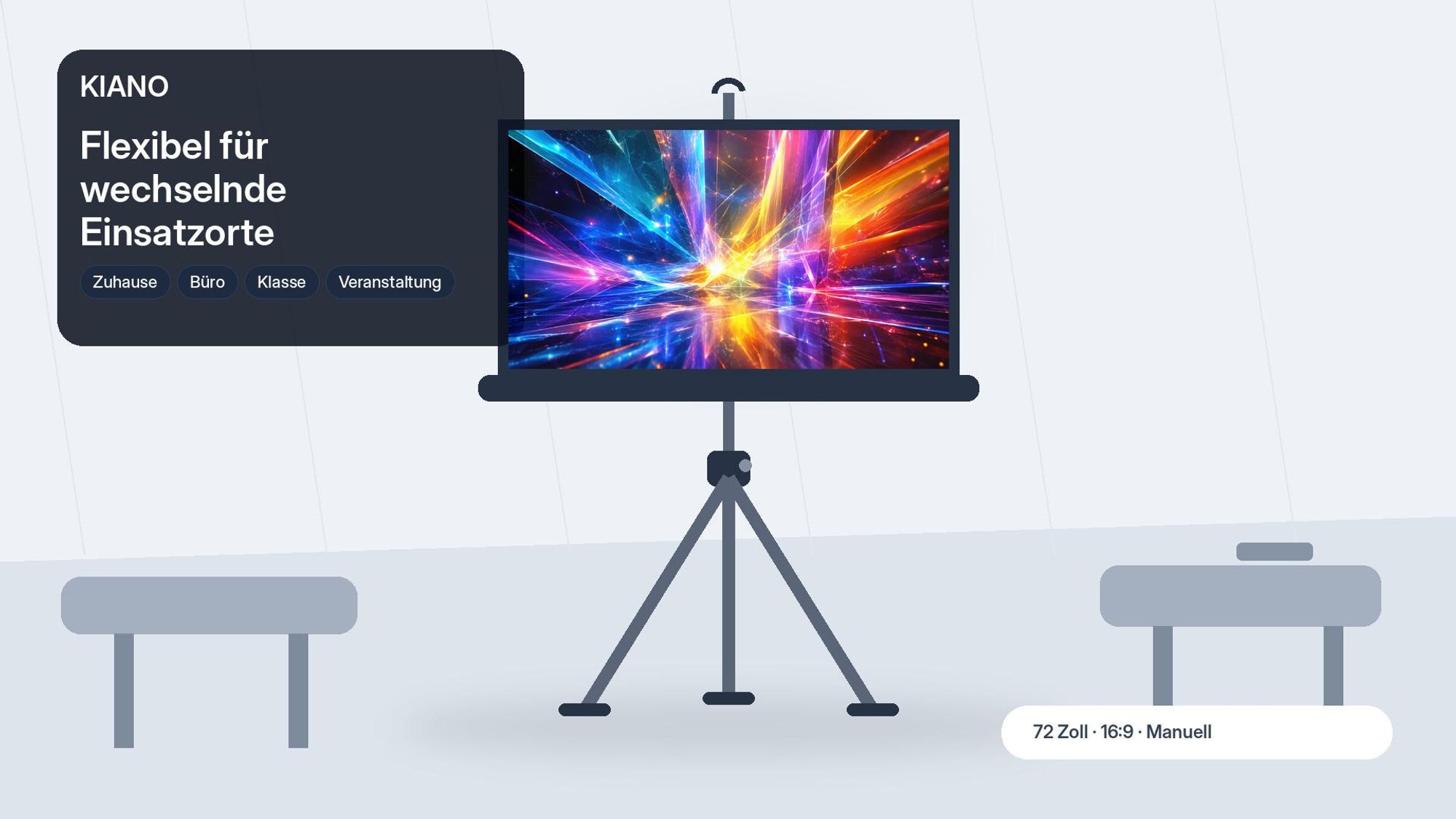 Kiano Tripod 72 Zoll Beamer-Leinwand 16:9 Fiberglass mit Stativ, mobil und höhenverstellbar für Heimkino und Präsentationen