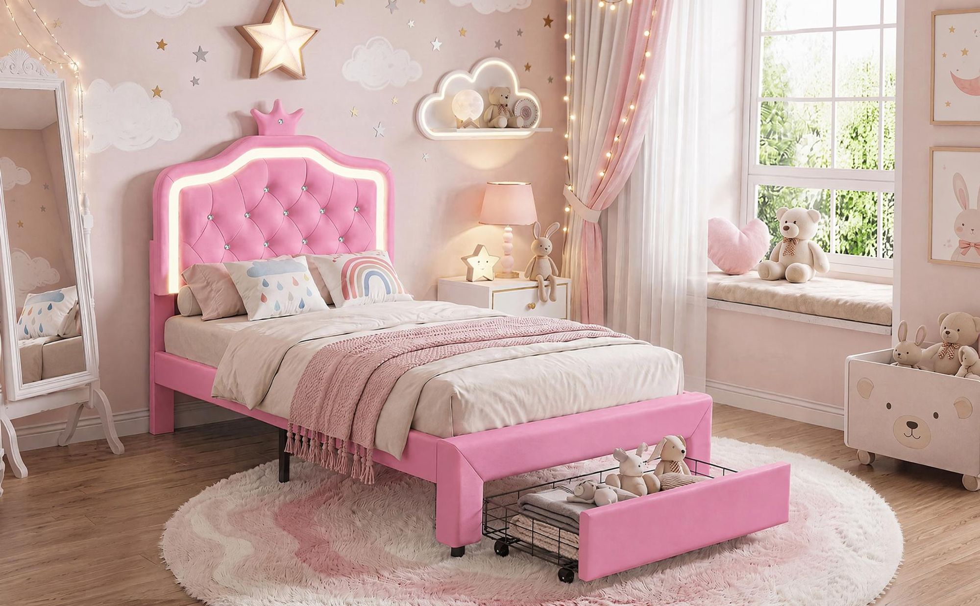 INONEFT Kinderbett 90x200 cm, Prinzessin-Polsterbett mit LED-Beleuchtung und Stauraum, Mädchen-Einzelbetten Bettgestell, ohne Matratze, PolyurethanRosa