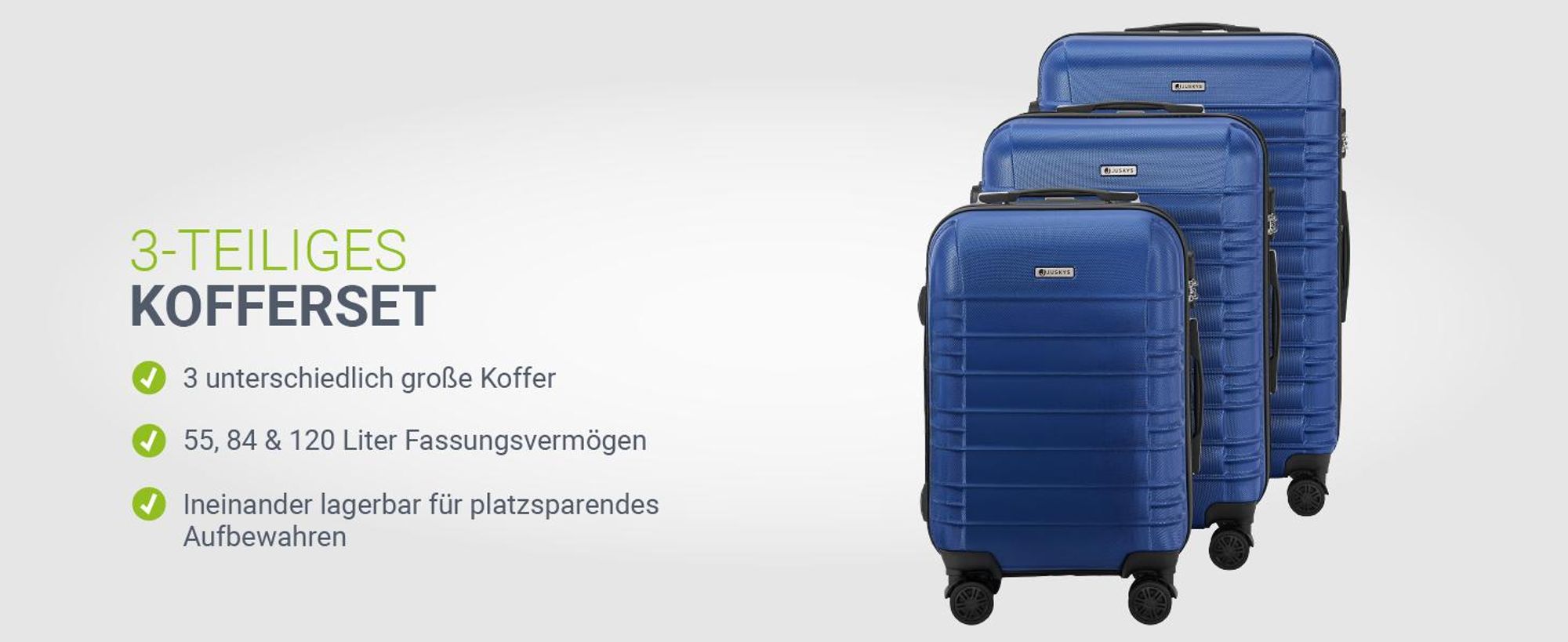 Juskys Hartschale Kofferset Reisekoffer 3 teilig - Zahlenschloss, geräuscharme 360° Rollen groß, Teleskopgriff, leicht - Koffer in Blau