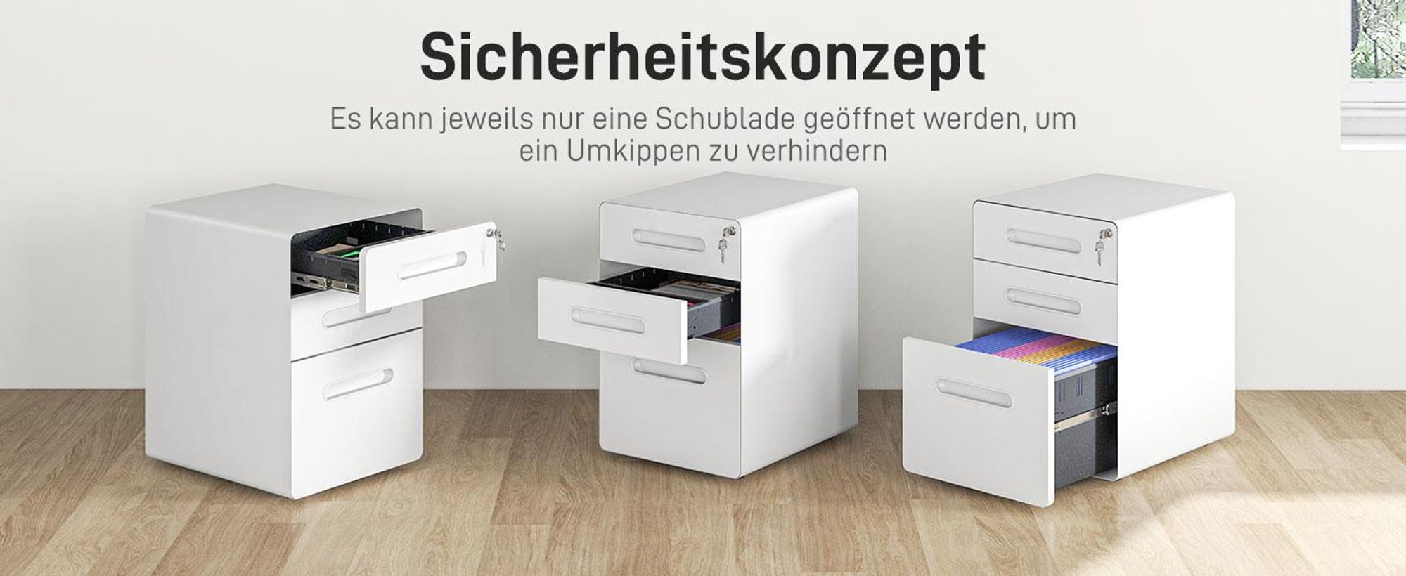 Vinsetto Rollcontainer Aktenschrank mit 3 Schubladen Bürocontainer Stahl Weiß