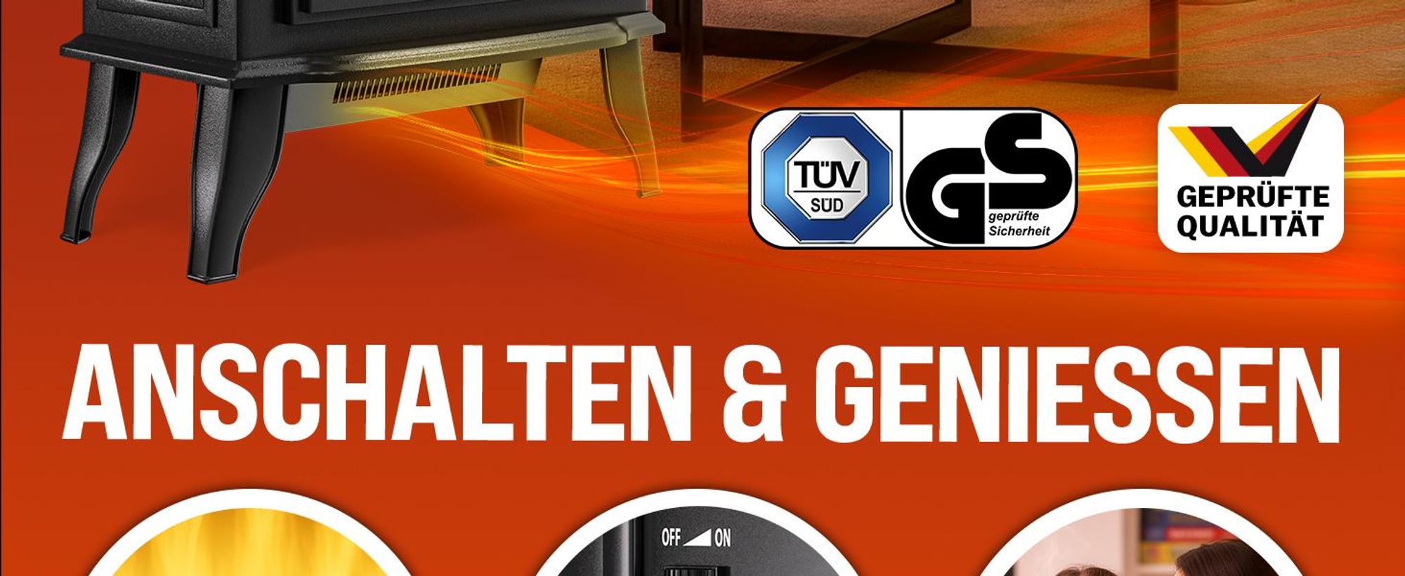 Monzana Elektrokamin mit Heizung 2000W Heizlüfter LED Flammeneffekt Schwarz