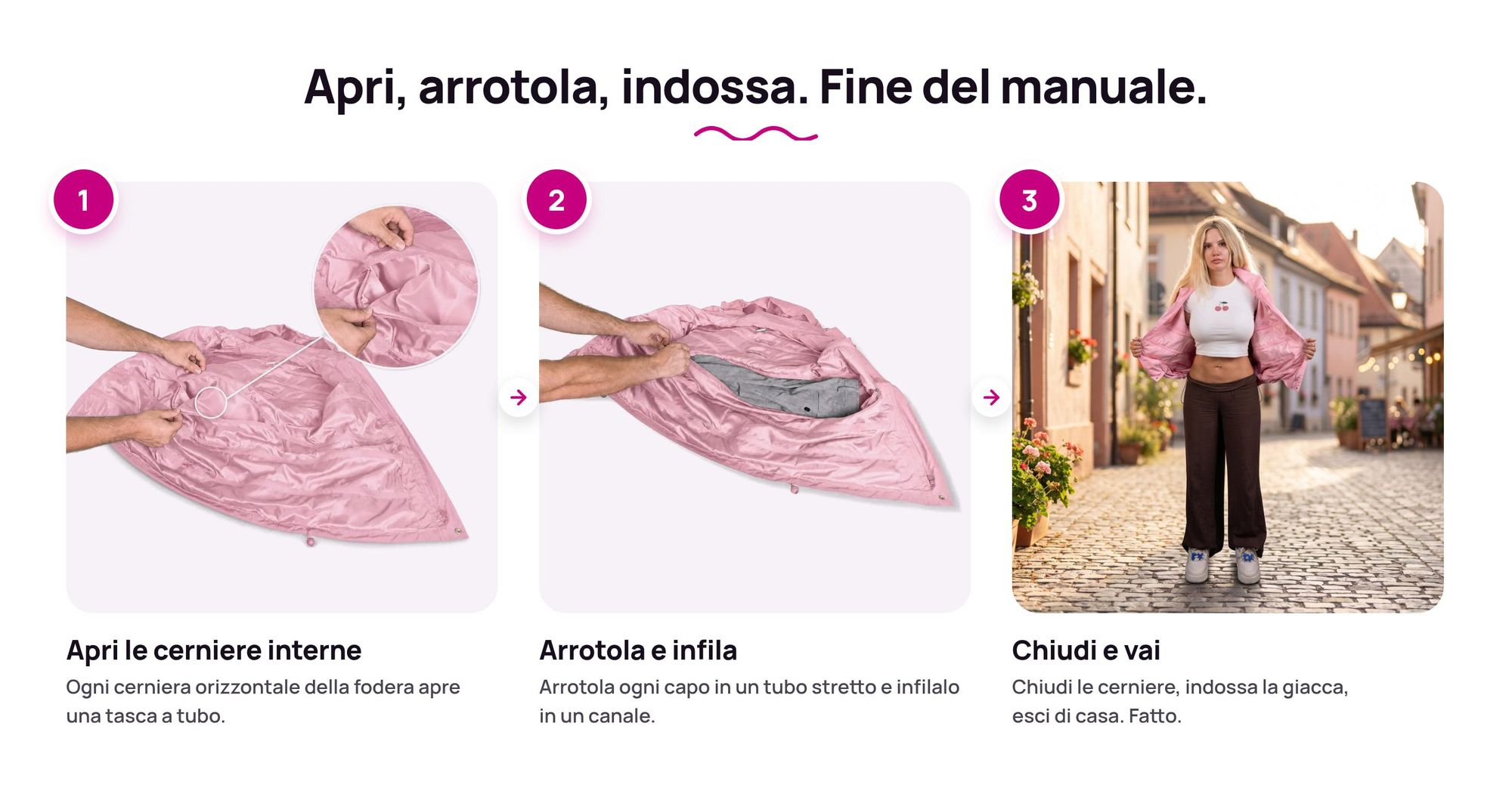 Passo dopo passo: come mettere i vestiti nelle tasche a tubo della Giacca porta-tutto Ryanwear