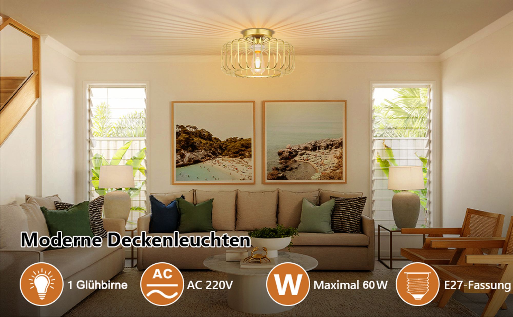 Deckenleuchte Modern Gold Metall Deckenlampe E27 Fassung Runde Lampenschirm mit LED Glühbirne für Wohnzimmer Schlafzimmer Esszimmer Flur