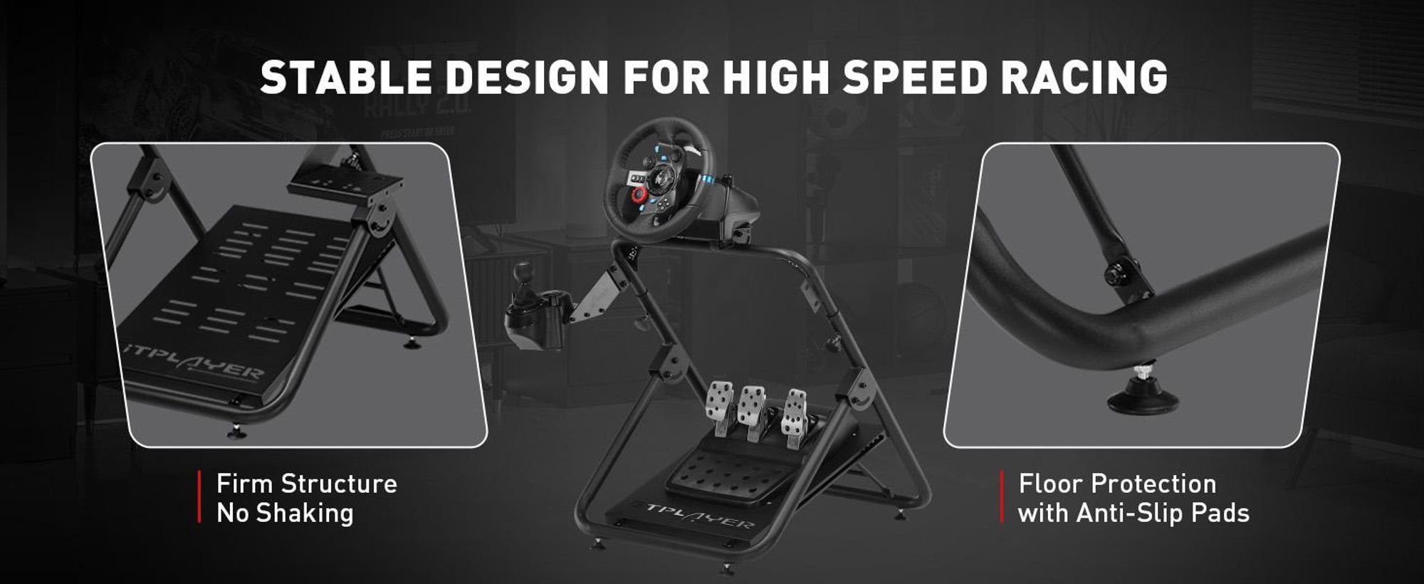 Stojak na kierownicę GTPLAYER Sim Racing do G920 G29 G25 G27 G923 T300RS z uchwytem na dźwignię zmiany biegów, regulacją wysokości i kąta nachylenia, czarny