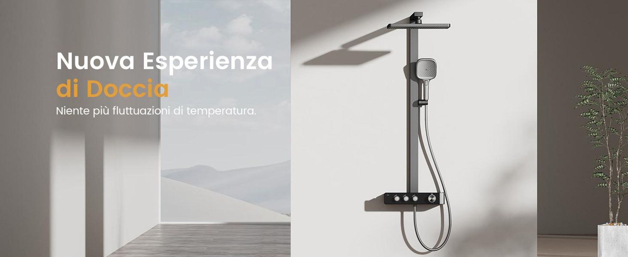 Sistema doccia EMKE con termostato Colonna doccia antracite opaca con doccia a pioggia quadrata 360×240 mm, bocca da bagno, regolatore di flusso e mensola in vetro F27