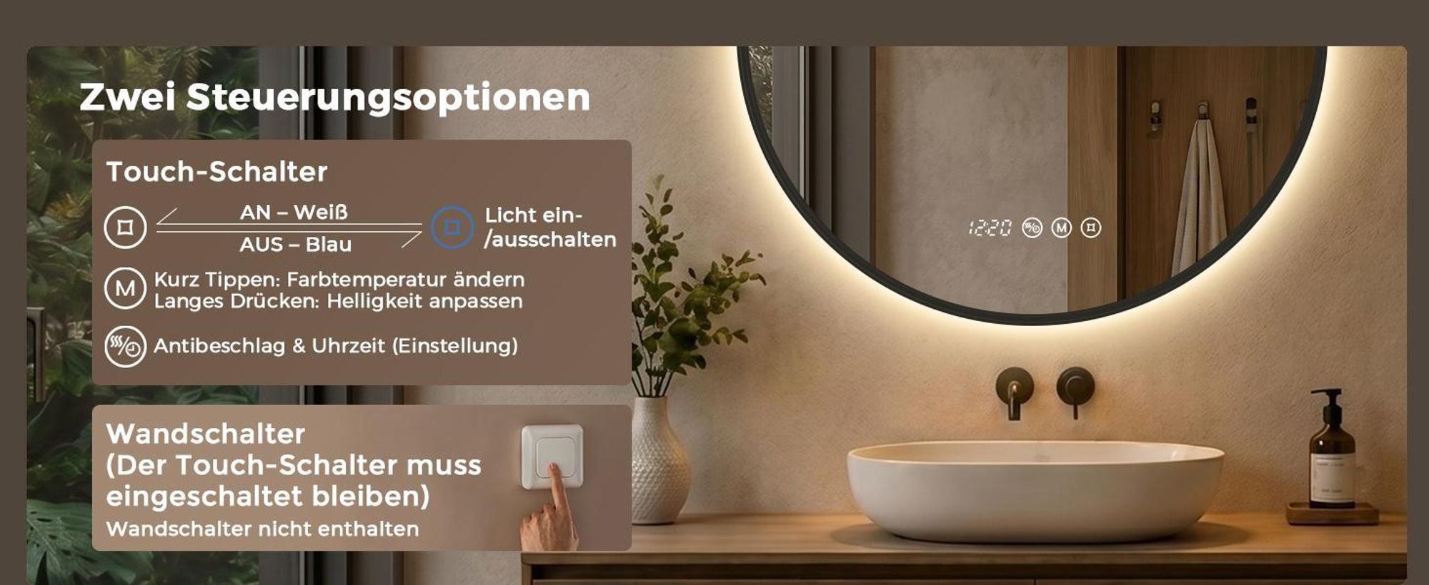 S'AFIELINA Badspiegel mit Beleuchtung Rund 70 cm Diameter,LED Badspiegel mit Touch, Beschlagfrei, Dimmbar, 3 Lichtfarben, Uhr, Temperatur,Schwarzer