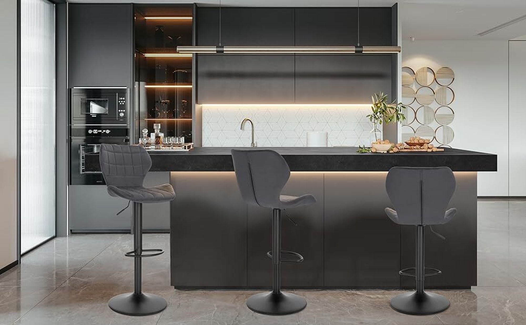 WOLTU Barhocker 4er Set höhenverstellbarer 360° Drehstuhl Barstuhl aus Samt Metall, Dunkelgrau