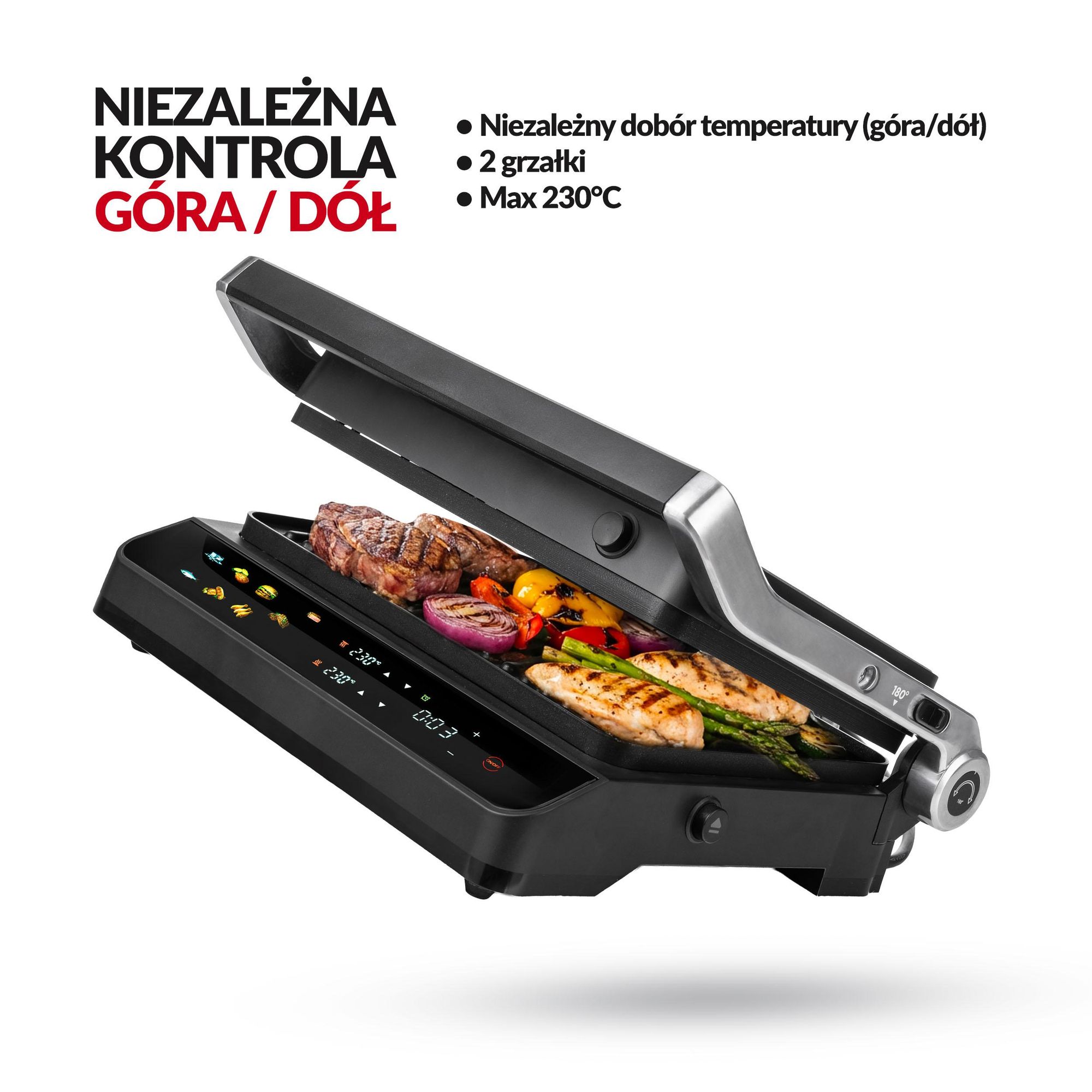Grill elektryczny LEHMANN STELIO, opiekacz do Panini, tostów, steków 2000W + programator czasu i temperatury 90 - 230℃, rozkładany, Lehmann LHOEG-2029