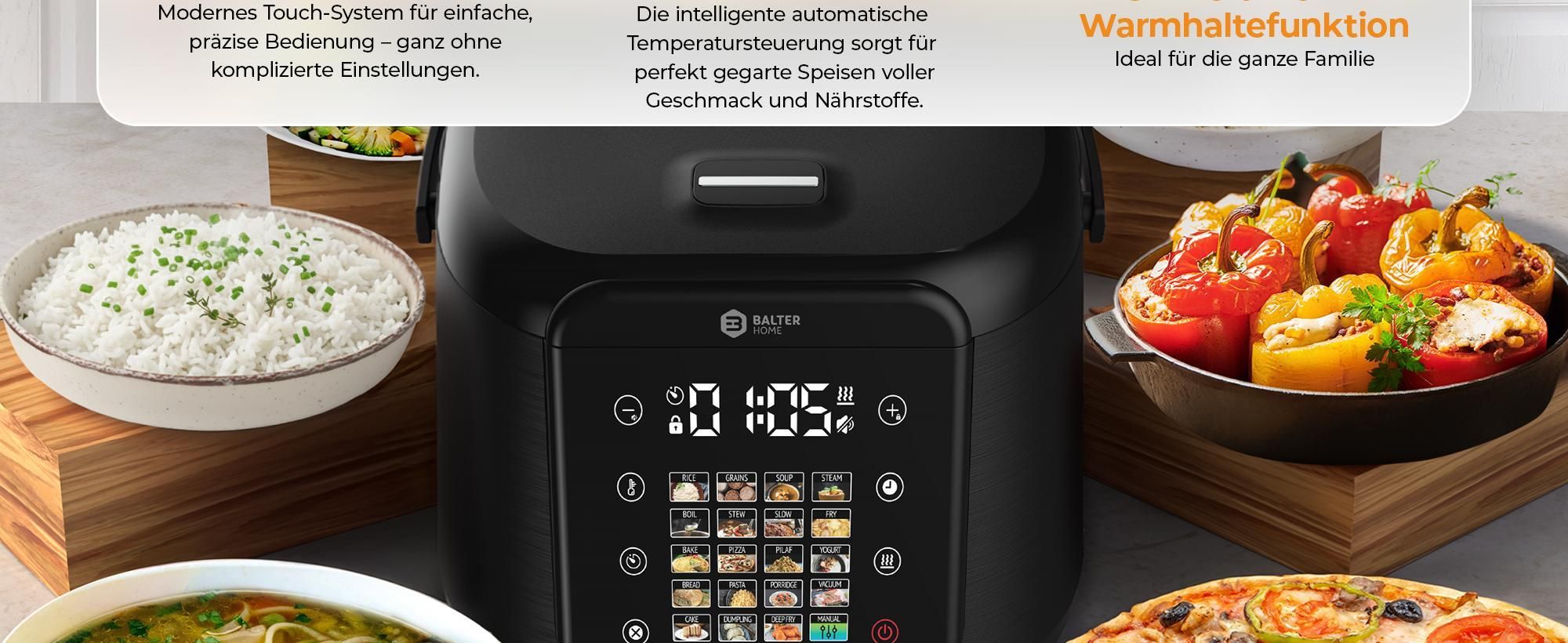 Balter Reiskocher, Multikocher, 4L mit 20 Programmen & Warmhaltefunktion, Dampfgarer, Touch-Bedienfeld, Fuzzy Logic, Premium-Topf, Klein, Schwarz